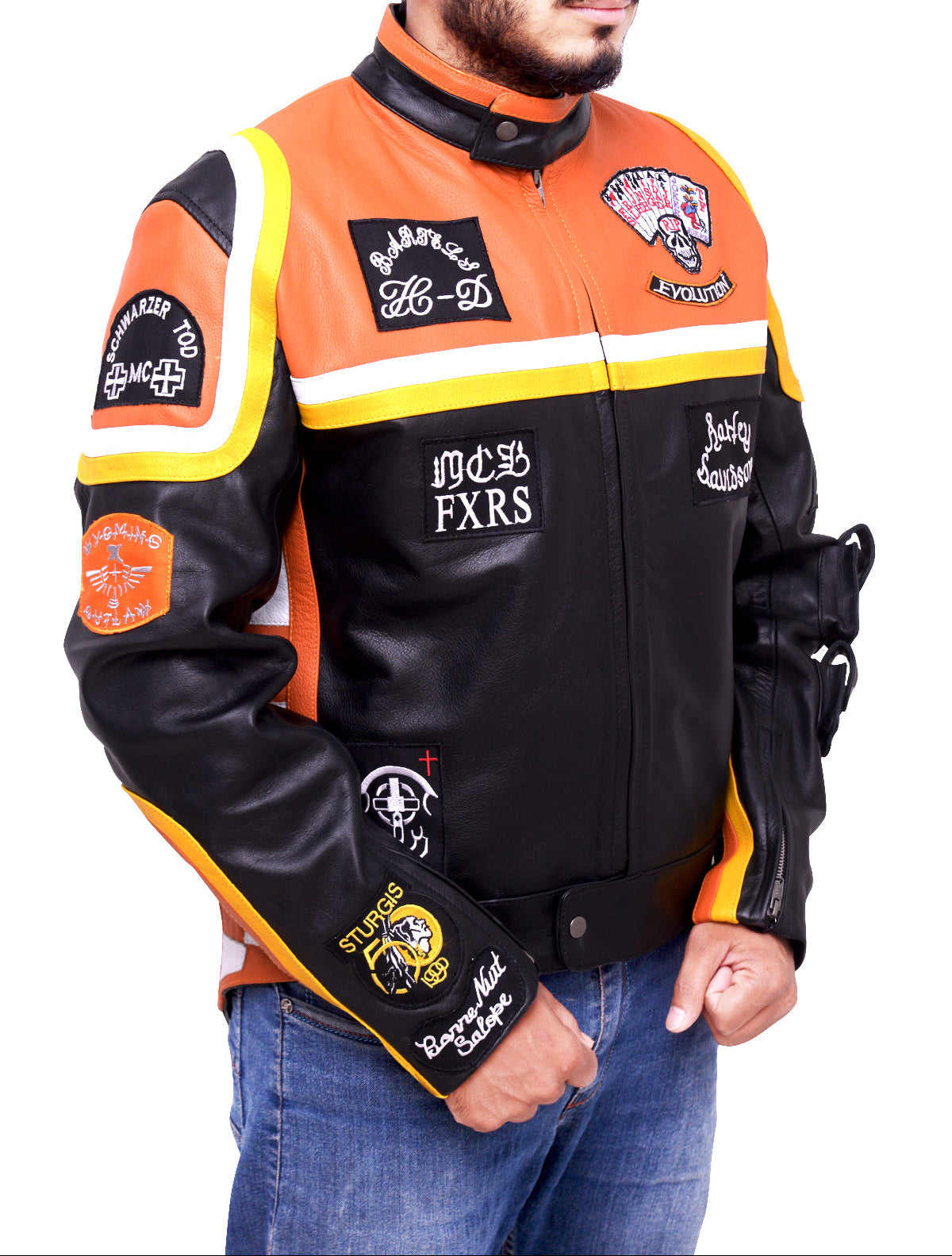 Orange and black vintage motorcycle jacket with racing graphics and sleeve embroidery FXRS moto style