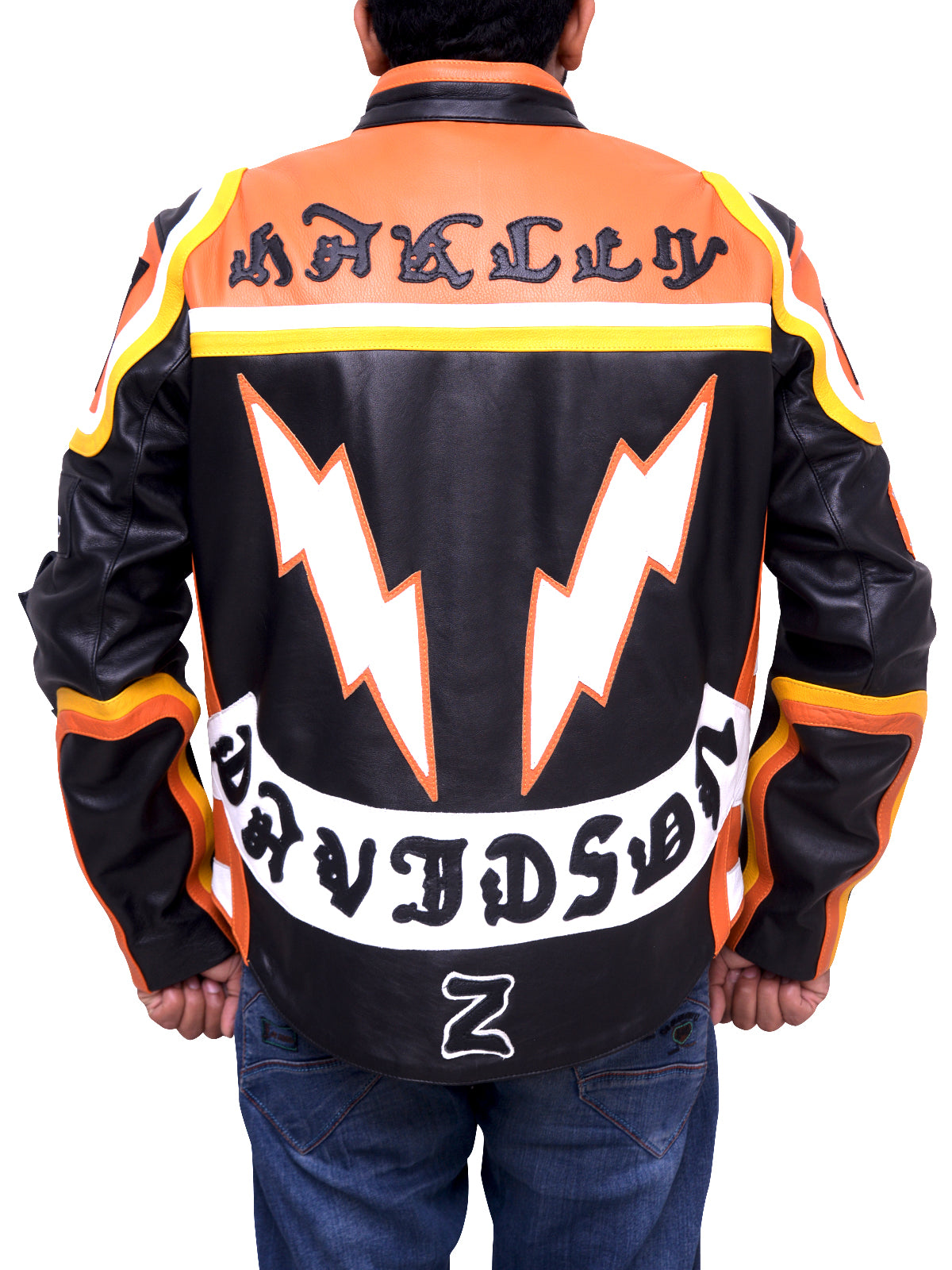 Back view of HDM Marlboro Man real leather biker jacket featuring lightning bolt graphics and DAVIDSON text