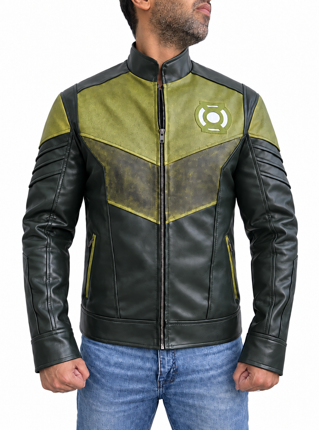 Hal Jordan Green Lantern Kyle Chandler biker real leather jacket front view with green panels and chest emblem