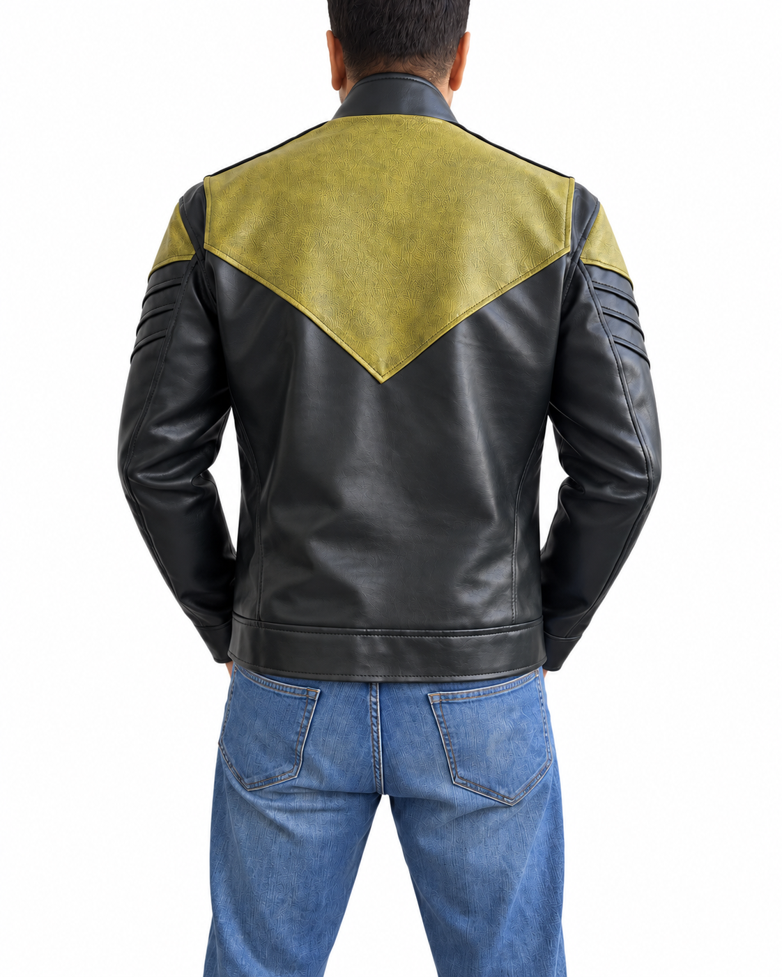 Hal Jordan Green Lantern real leather jacket back view with light green shoulder panel and dark green leather design