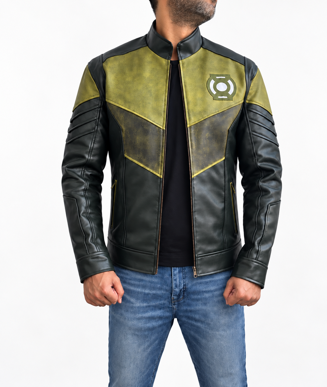 Kyle Chandler Hal Jordan Green Lantern leather jacket open front view with black shirt and detailed green chest panels