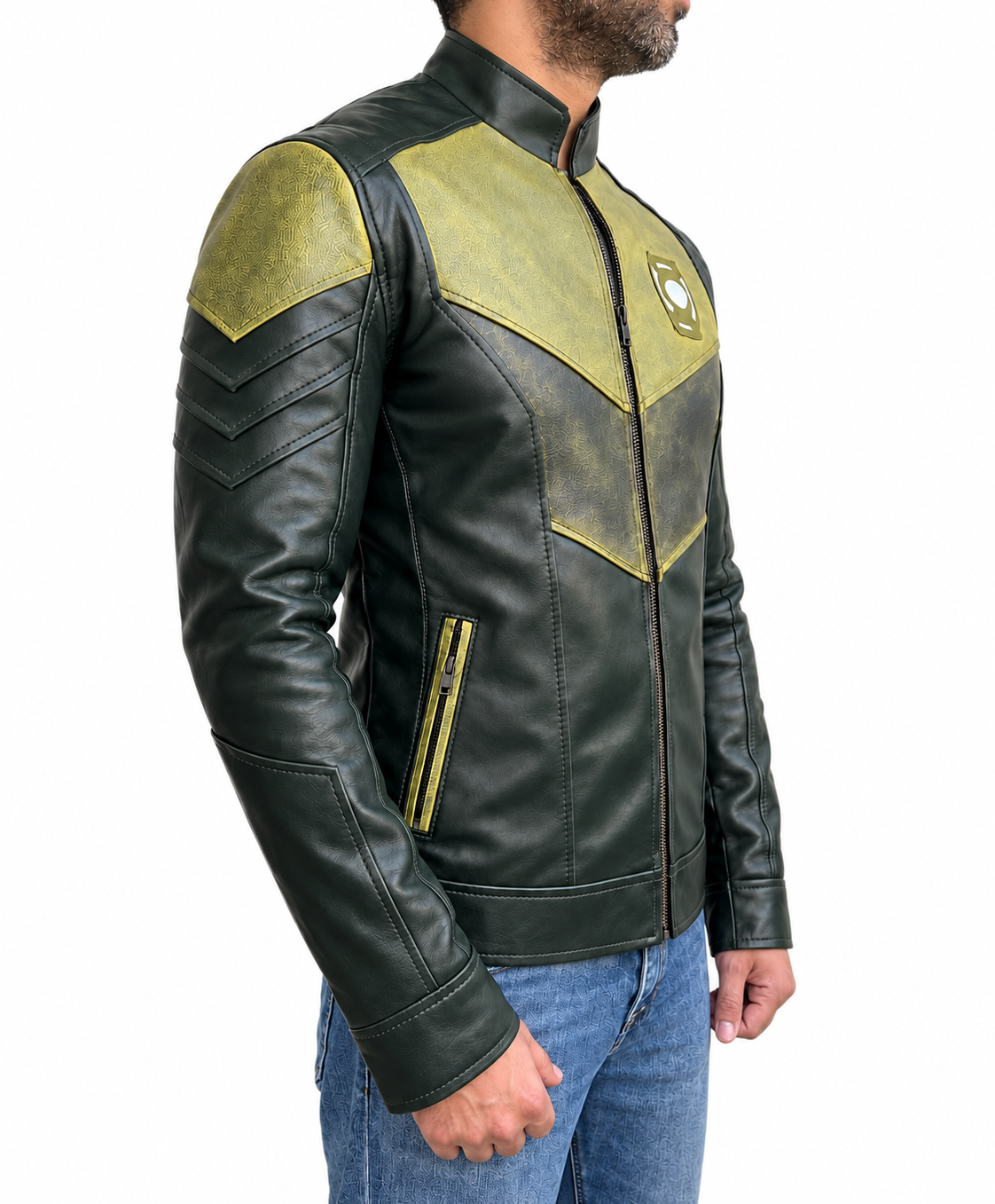 Green Lantern Hal Jordan biker leather jacket side view showing textured green panels, sleeve detailing and zipper pocket