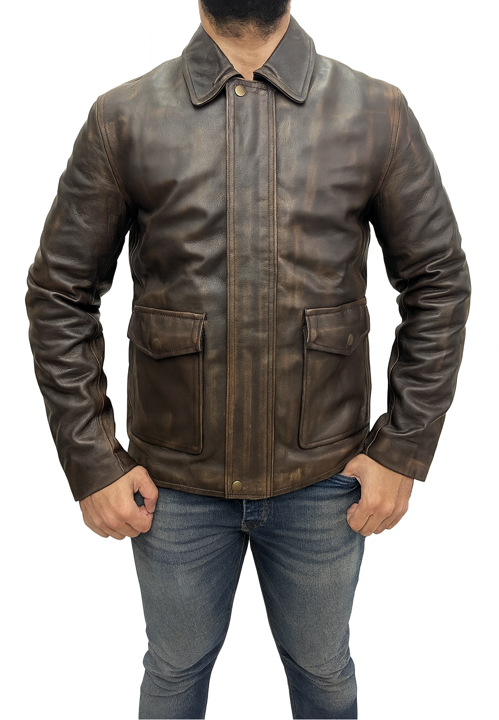 Indiana Jones Harrison Ford Real Leather Jacket front view – distressed brown leather with flap pockets and vintage adventure style