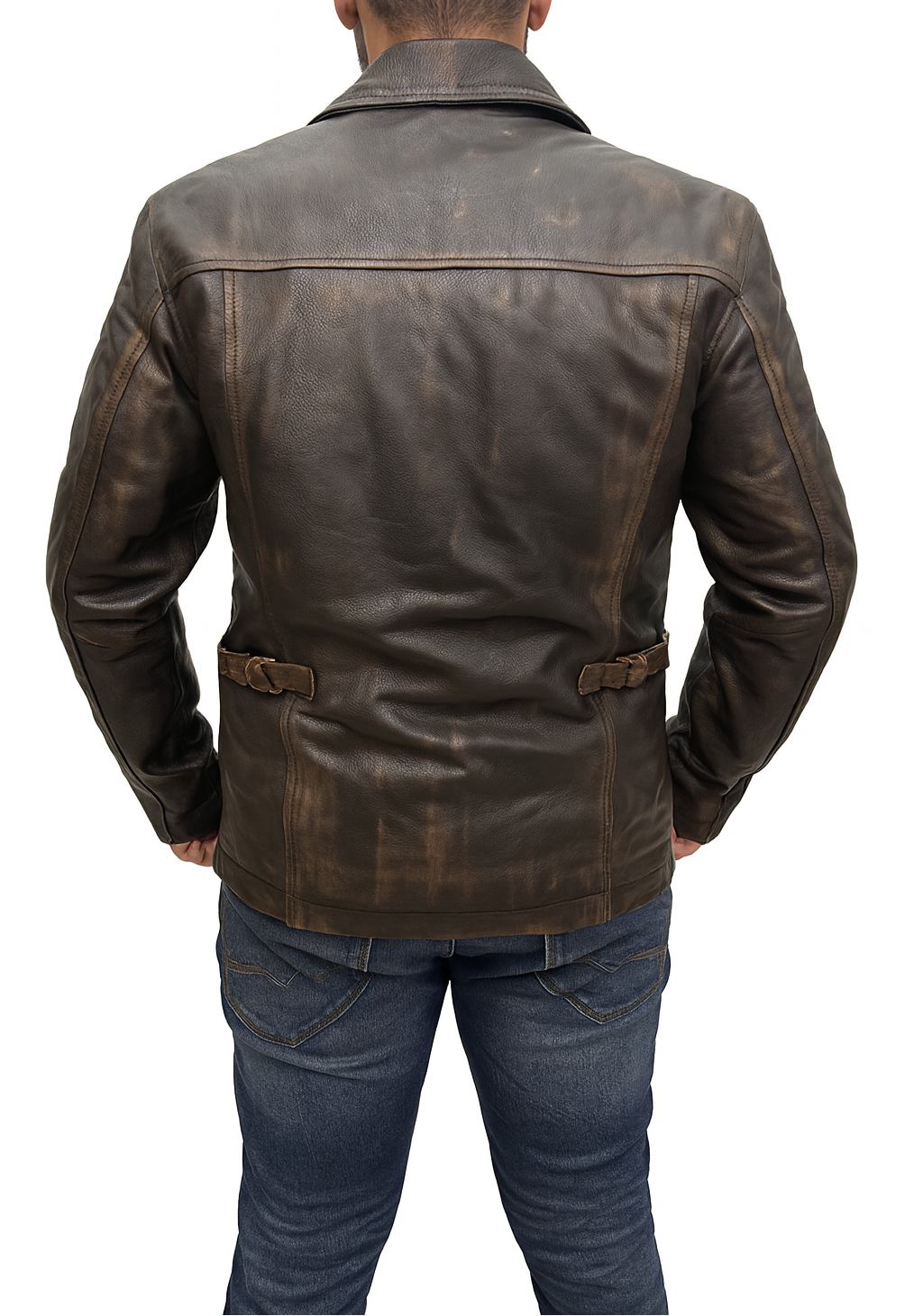 Indiana Jones Harrison Ford distressed brown leather jacket back view with adjustable side straps and vintage design