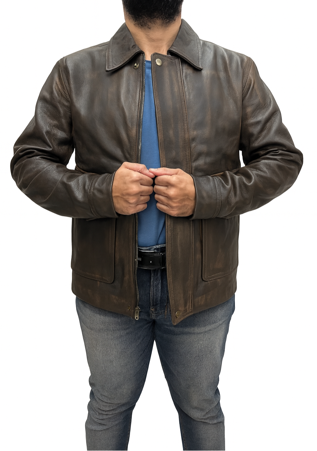 Indiana Jones Harrison Ford inspired leather jacket with partially open front – distressed brown outerwear for men