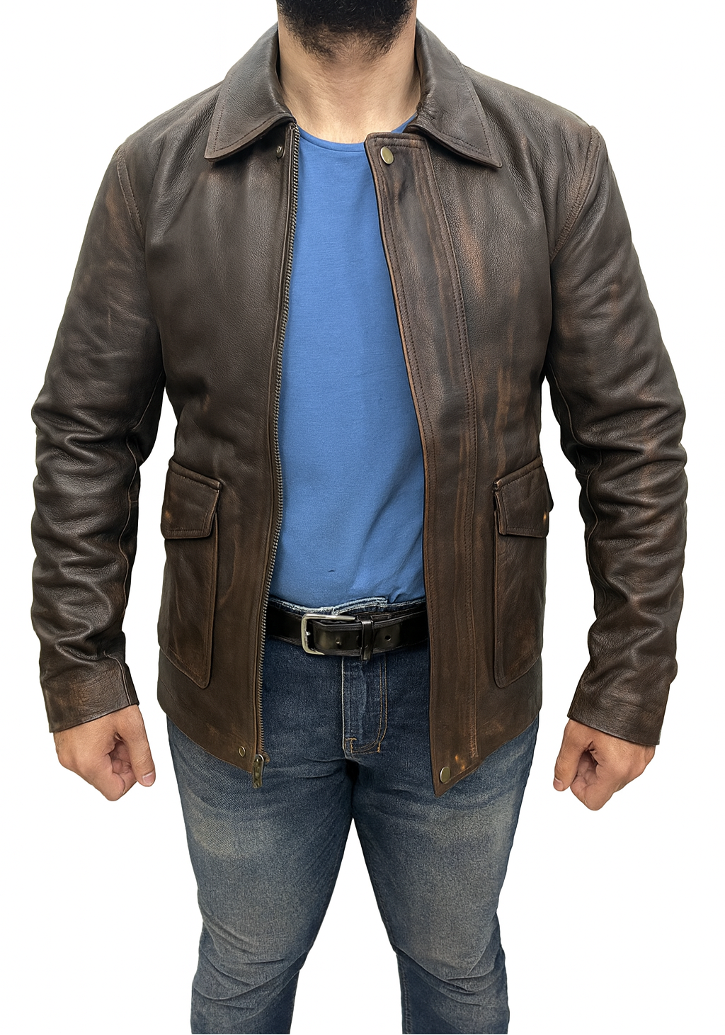 Indiana Jones brown distressed leather jacket open front style with zipper and button closure – Harrison Ford movie replica