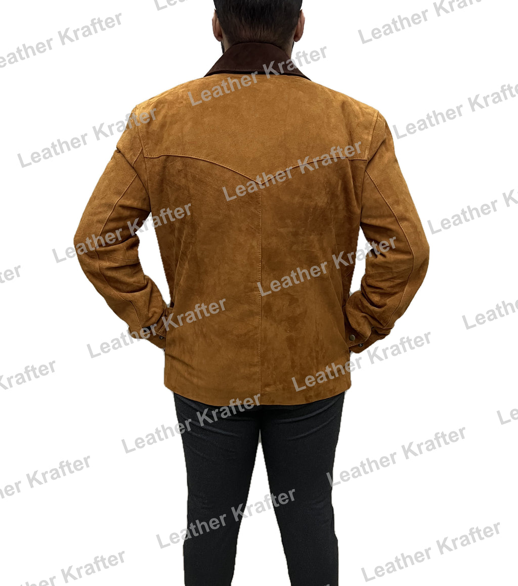 Joel Miller The Last of Us TLOU brown suede trucker leather jacket – back view on model