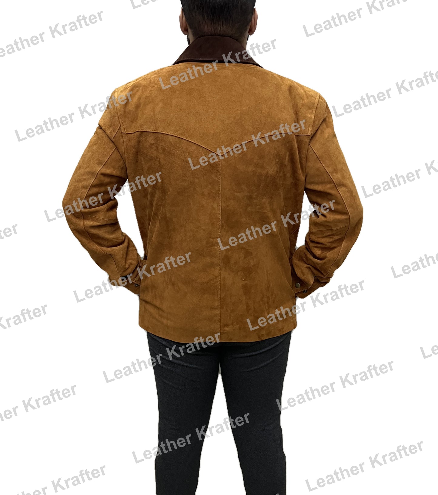 Joel Miller The Last of Us TLOU brown suede trucker leather jacket – back view on model