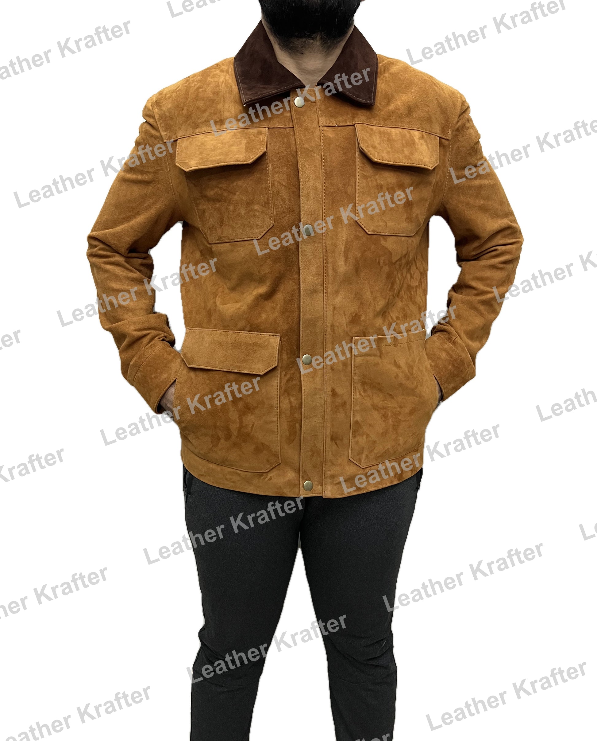 Close-up of Joel Miller The Last of Us suede leather jacket front pocket details