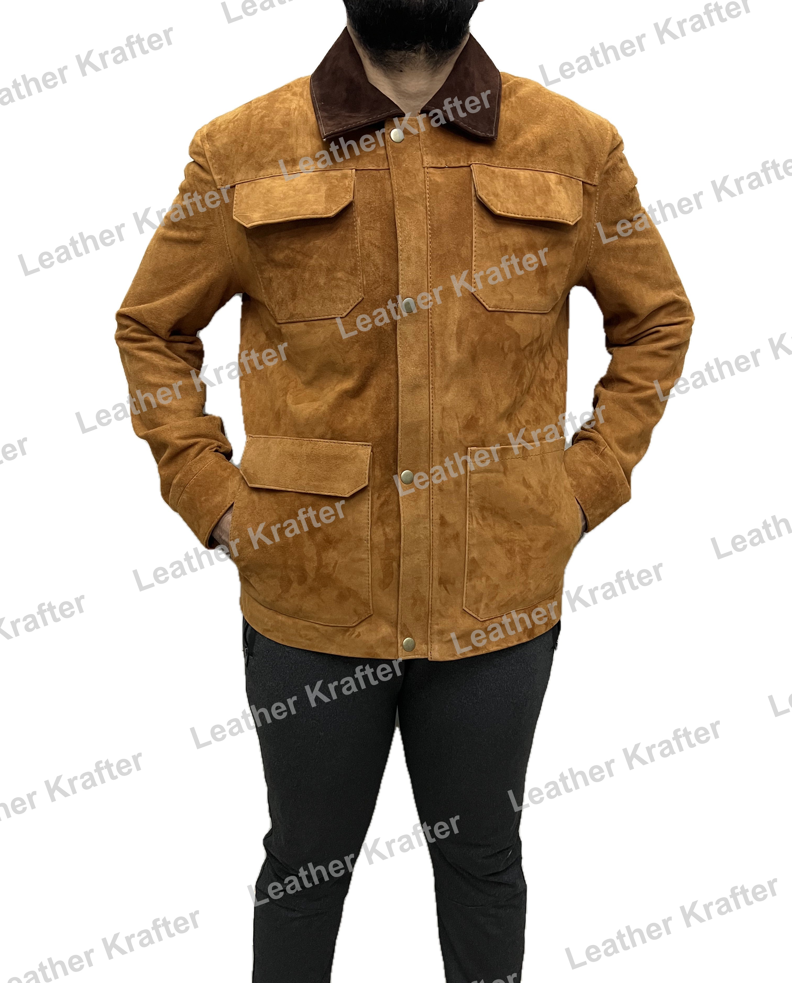 Close-up of Joel Miller The Last of Us suede leather jacket front pocket details