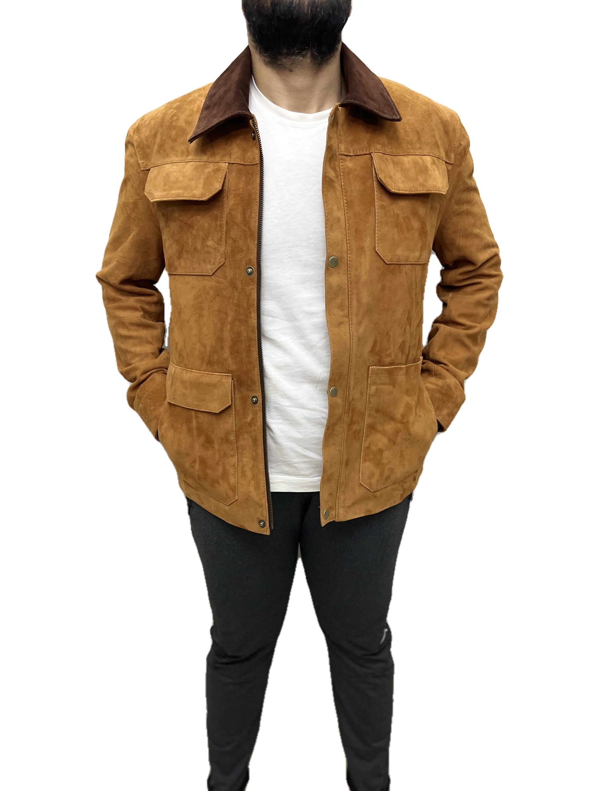 Front view of Joel Miller The Last of Us suede trucker leather jacket with dual chest pockets