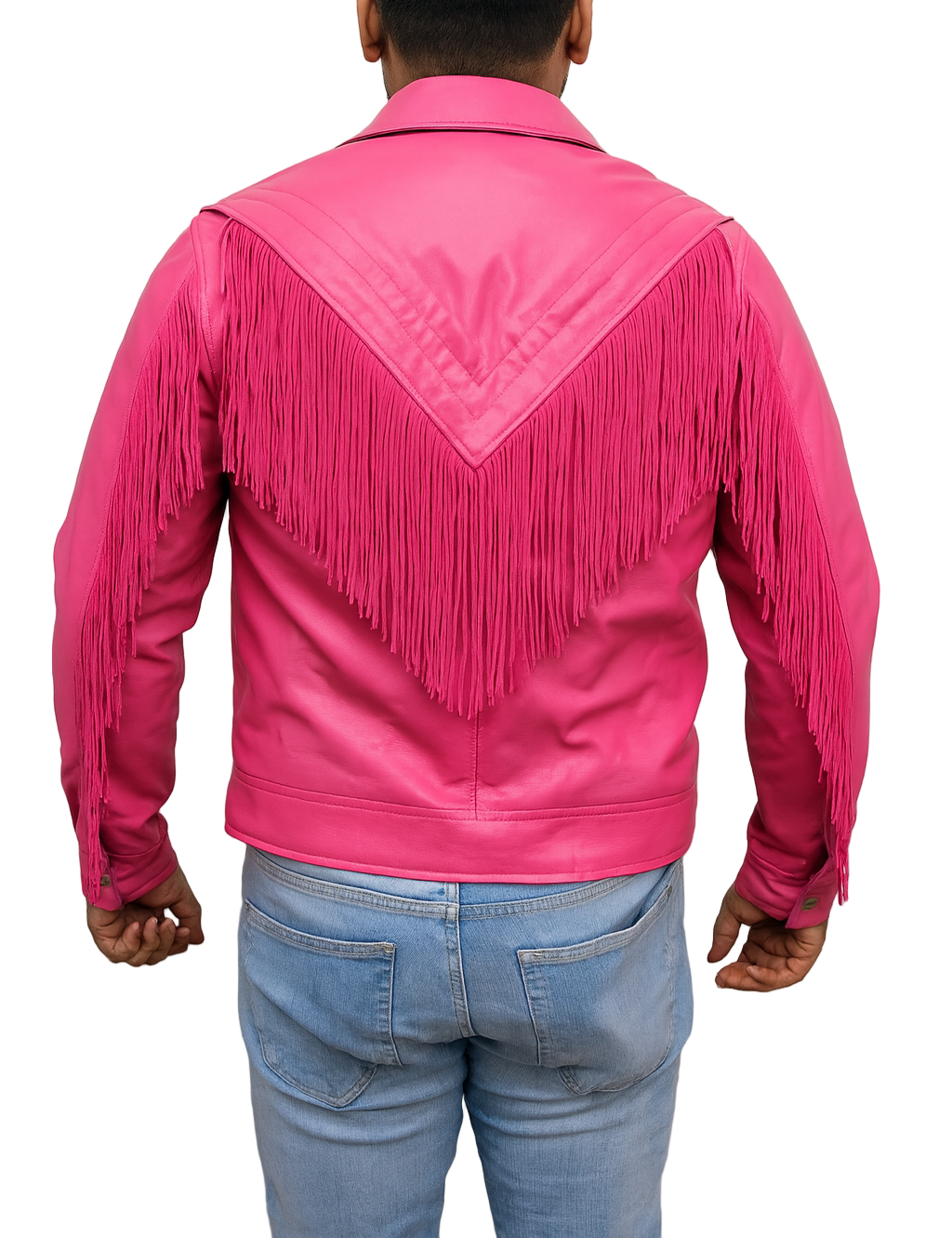 Back design of Jason Momoa Minecraft Garrison leather jacket in pink with stitched yoke and fringe accents inspired cosplay and collectible outfit