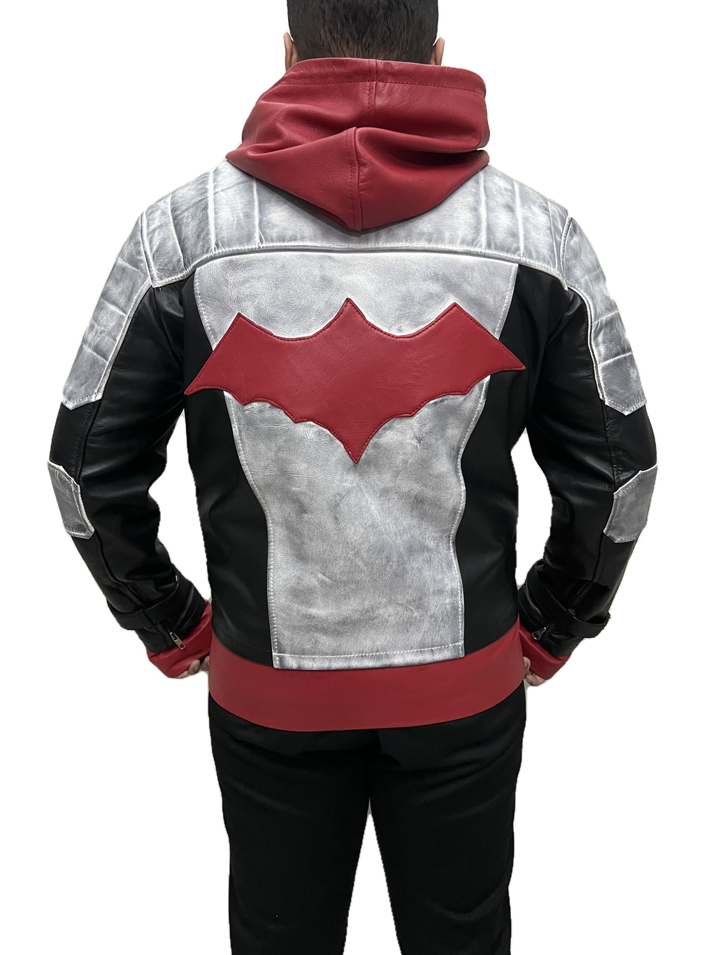 Back view of Jason Todd Red Hood Arkham Knight distressed real leather jacket with bold red emblem and black-silver panels.