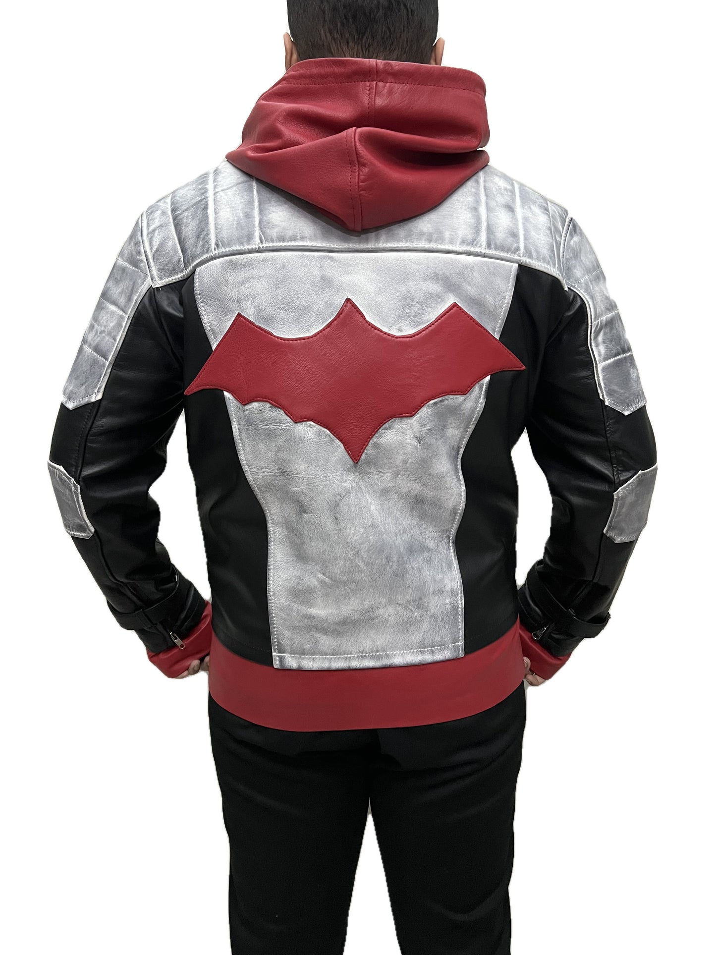 Back view of Jason Todd Red Hood Arkham Knight distressed real leather jacket with bold red emblem and black-silver panels.