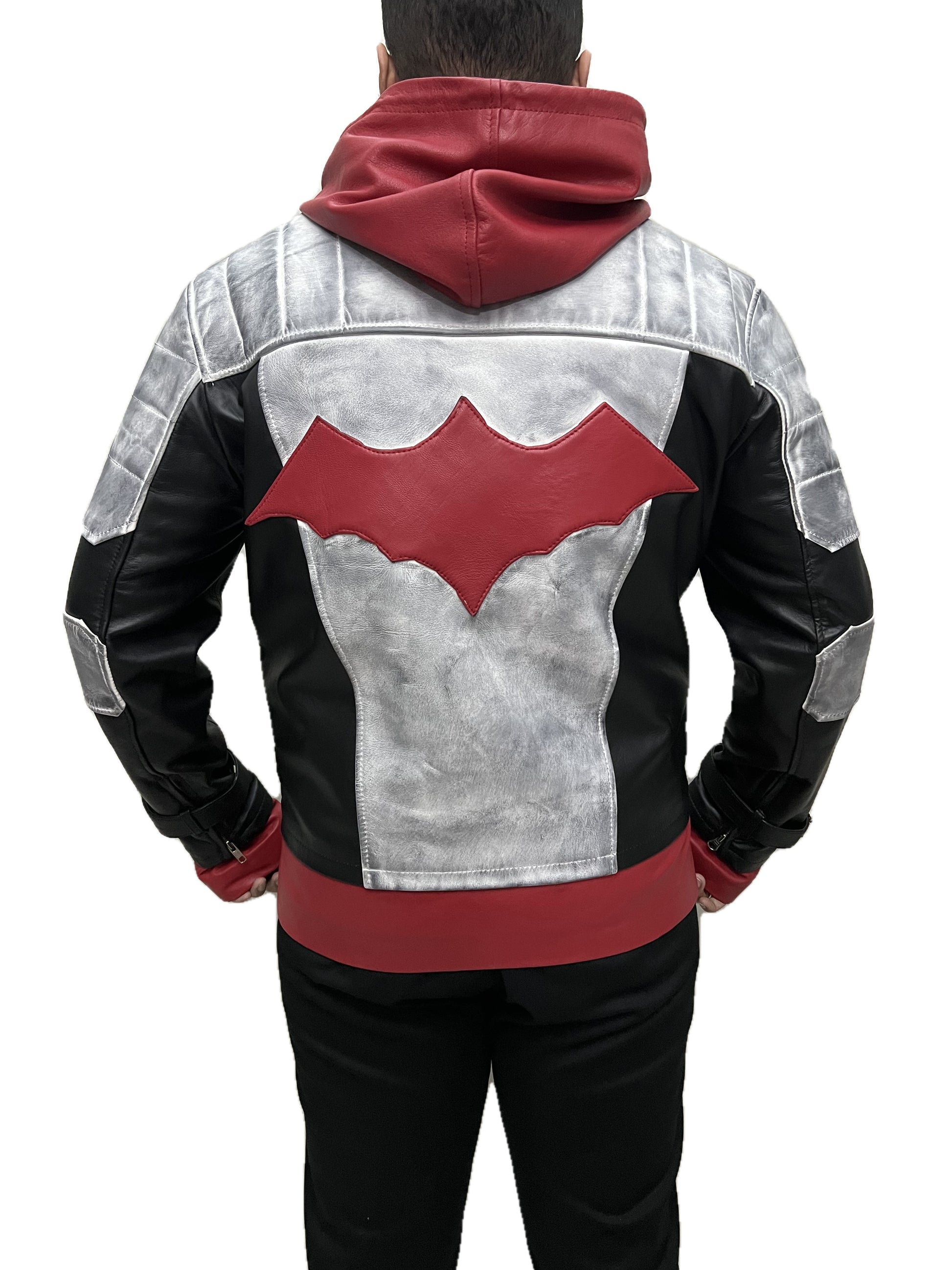 Back view of Jason Todd Red Hood Arkham Knight distressed real leather jacket with bold red emblem and black-silver panels.