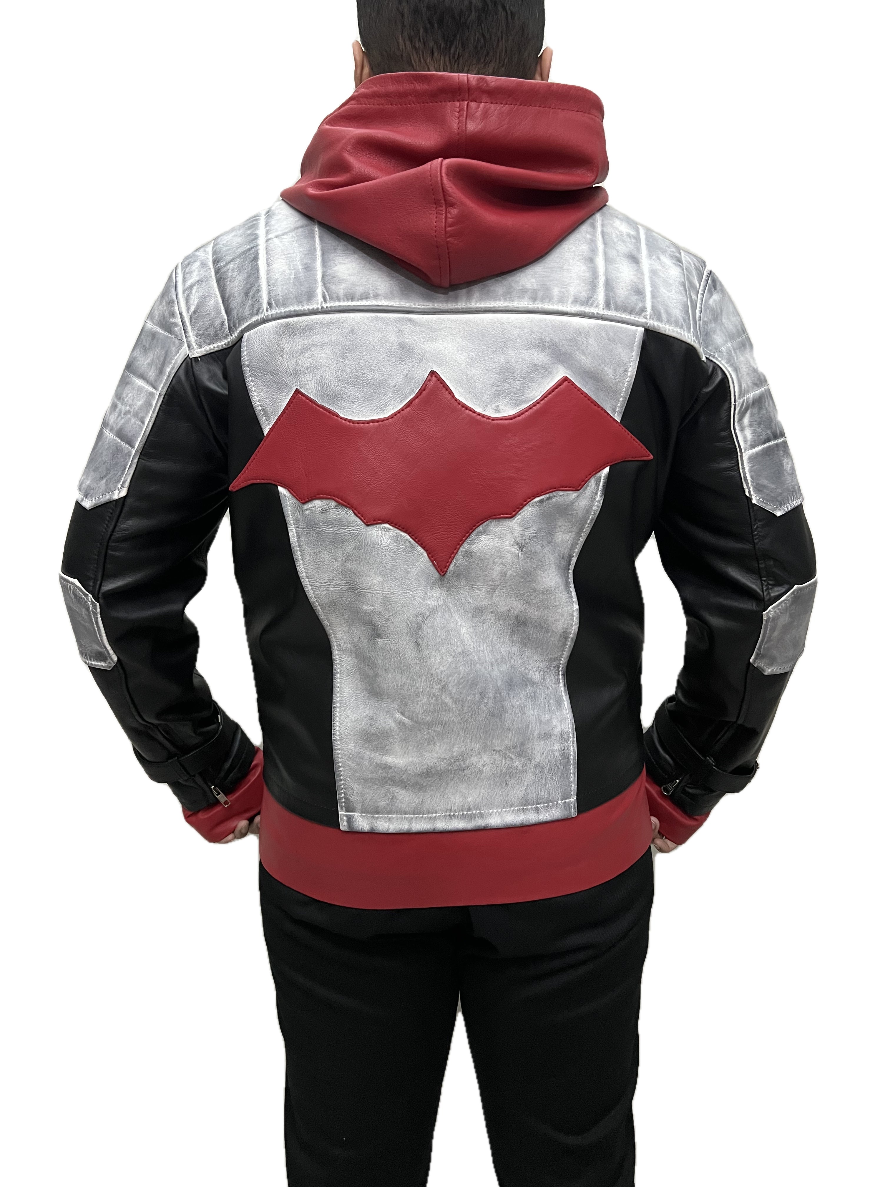 Back view of Jason Todd Red Hood Arkham Knight distressed real leather jacket with bold red emblem and black-silver panels.