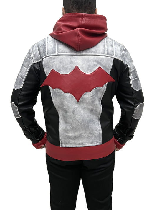 Back view of Jason Todd Red Hood Arkham Knight distressed real leather jacket with bold red emblem and black-silver panels.