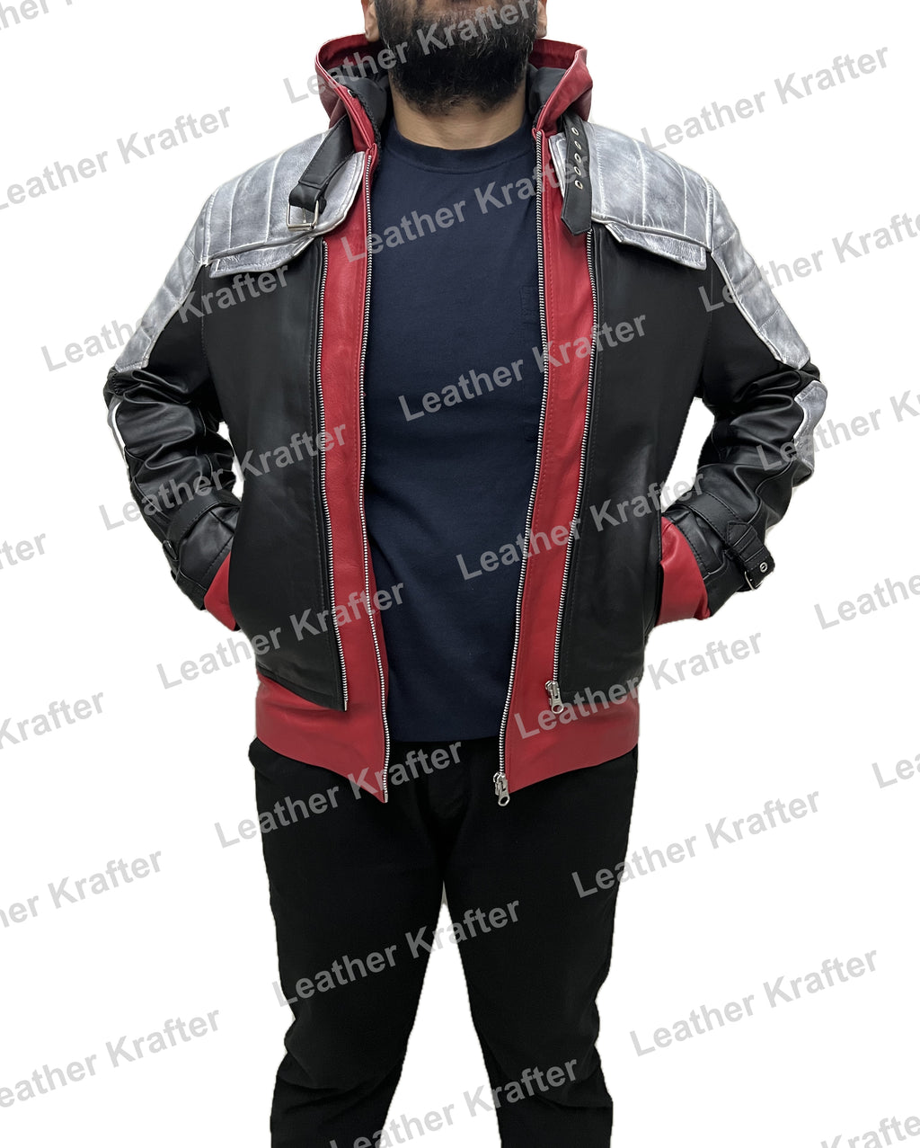 Front view of Jason Todd Red Hood Arkham Knight distressed real leather jacket with red hood, dual zipper, and detailed shoulders