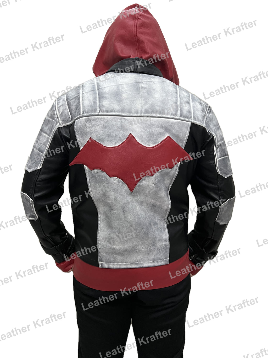 Rear shot of Arkham Knight Red Hood Jason Todd leather jacket featuring distressed silver texture and red bat symbol.