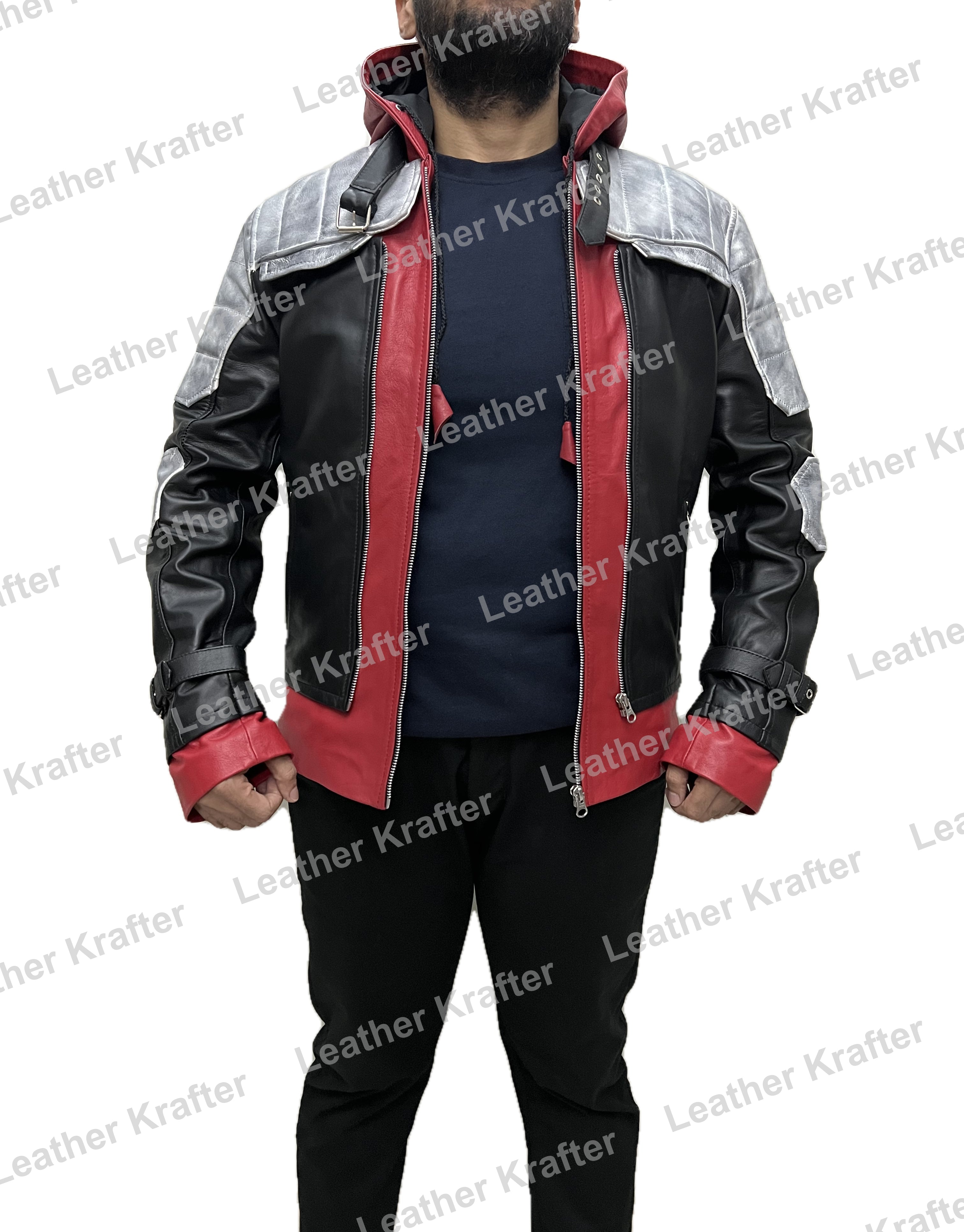 Jason Todd Red Hood Arkham Knight leather jacket front design showing black body, red accents, and quilted silver shoulders