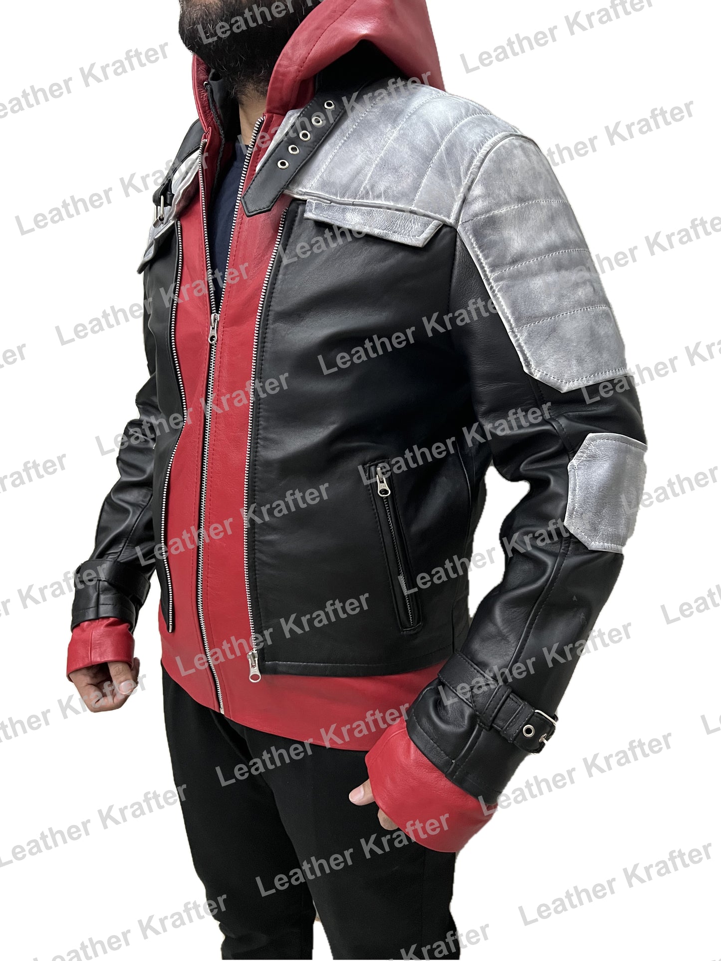 Side angle of Arkham Knight Red Hood Jason Todd distressed leather jacket with adjustable cuffs and stylish red hood.