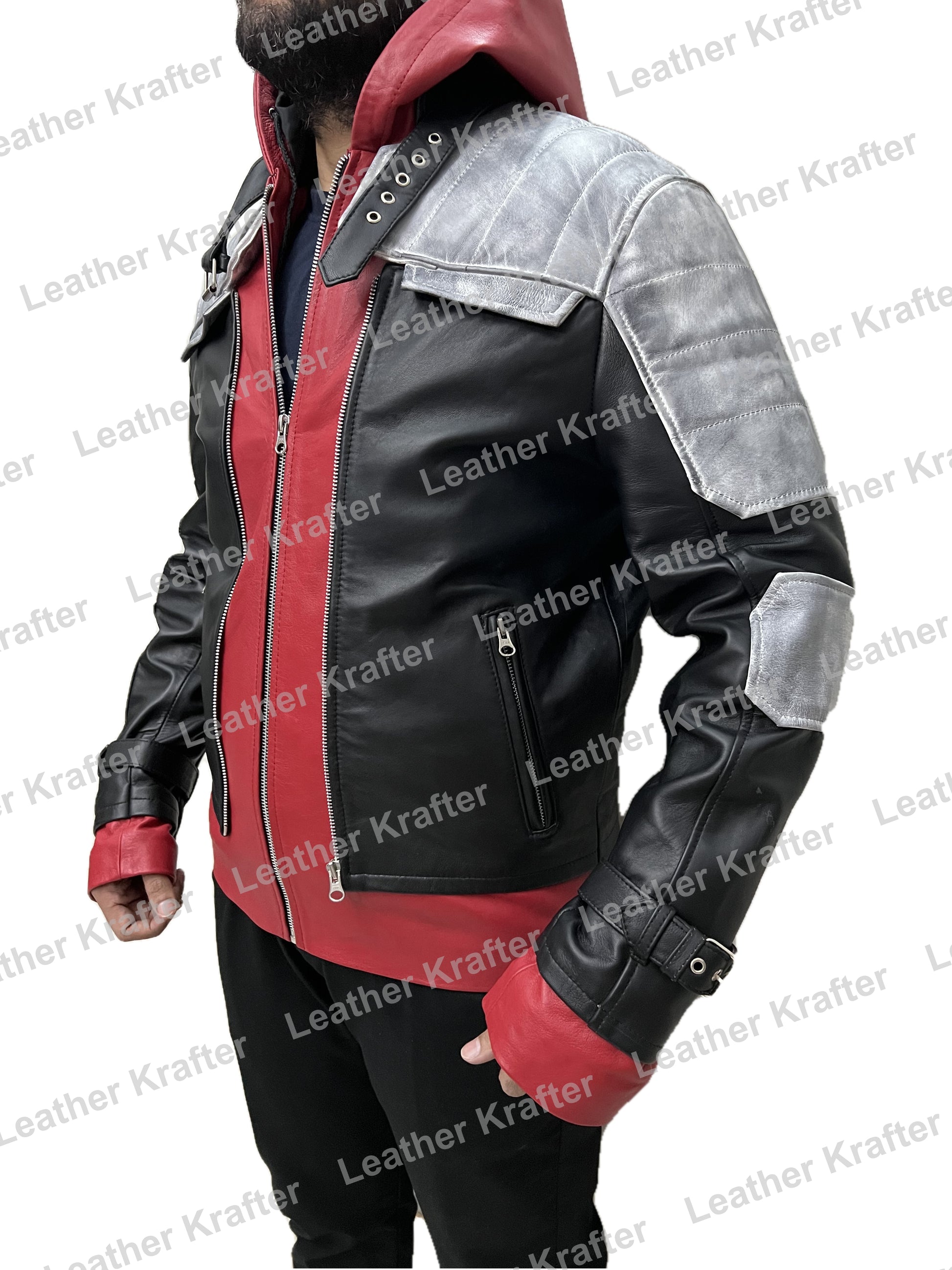 Side angle of Arkham Knight Red Hood Jason Todd distressed leather jacket with adjustable cuffs and stylish red hood.