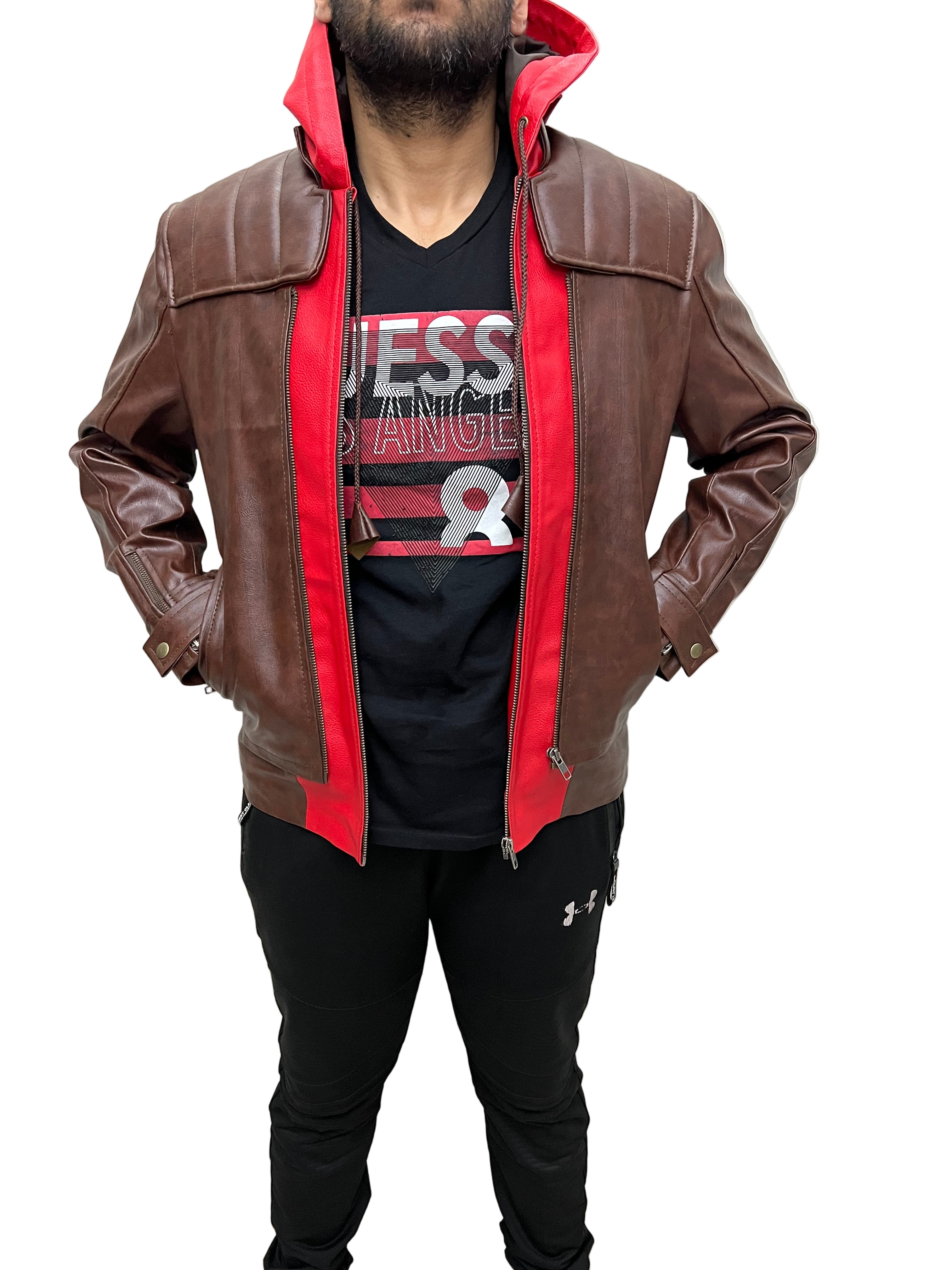 Jason Todd Titans 3 Red Hood Leather Jacket front view with open zipper, red hood lining, and detailed stitching