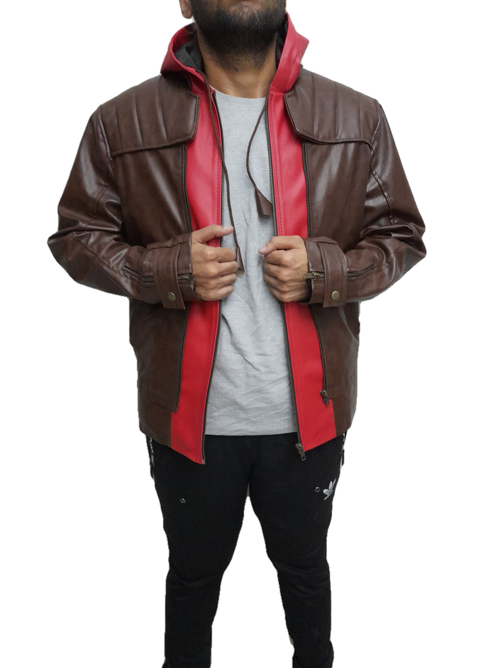 Jason Todd Titans 3 Red Hood Leather Jacket front view with open zipper, red hood lining, and detailed stitching