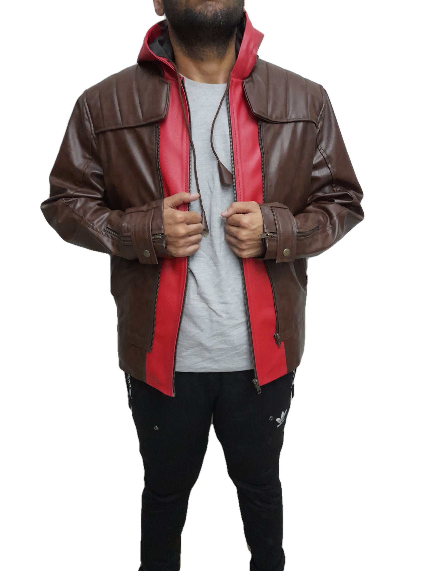 Jason Todd Titans 3 Red Hood Leather Jacket front view with open zipper, red hood lining, and detailed stitching