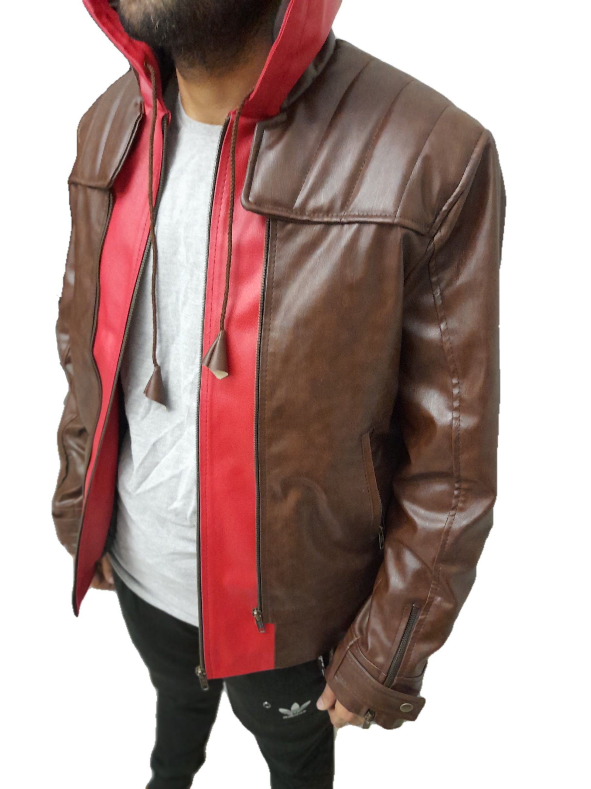 Jason Todd Titans 3 Red Hood Leather Jacket side view with detachable red hood and brown leather body