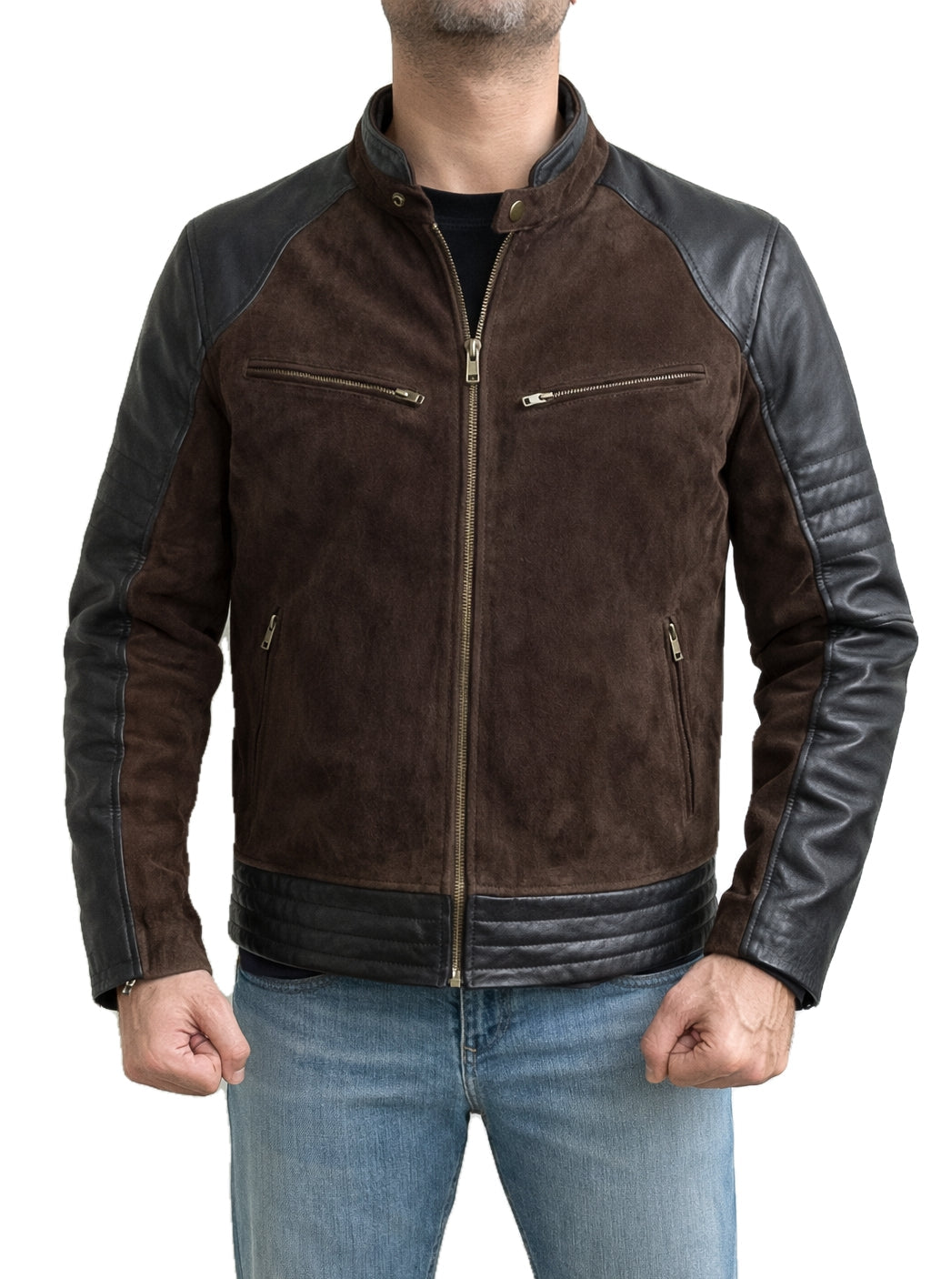 Johnny Cage Mortal Kombat 2 Karl Urban brown suede real leather jacket front view with black leather sleeves and zipper closure