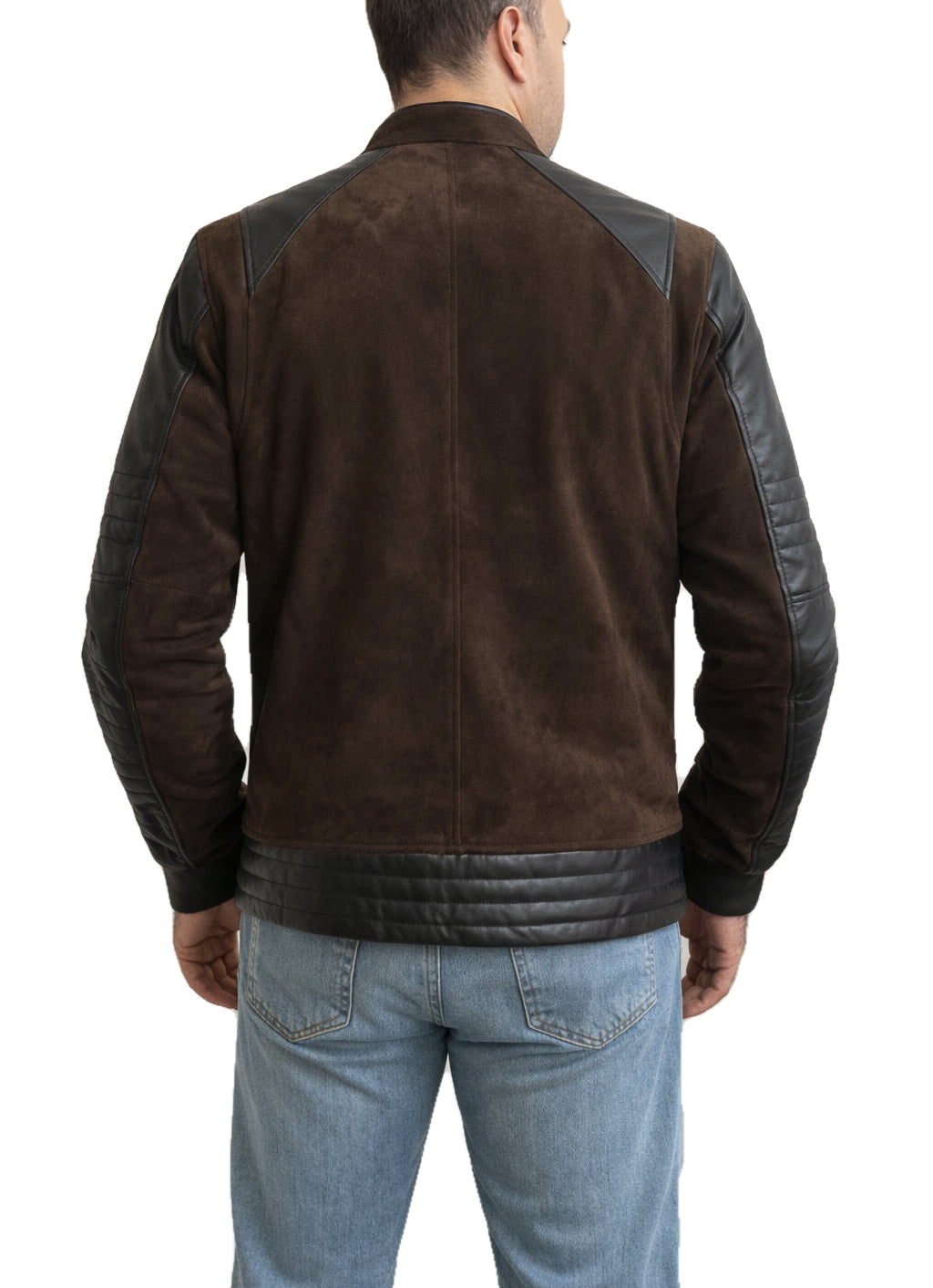 Johnny Cage Mortal Kombat 2 brown suede leather jacket back view with black quilted leather hem and shoulder panels