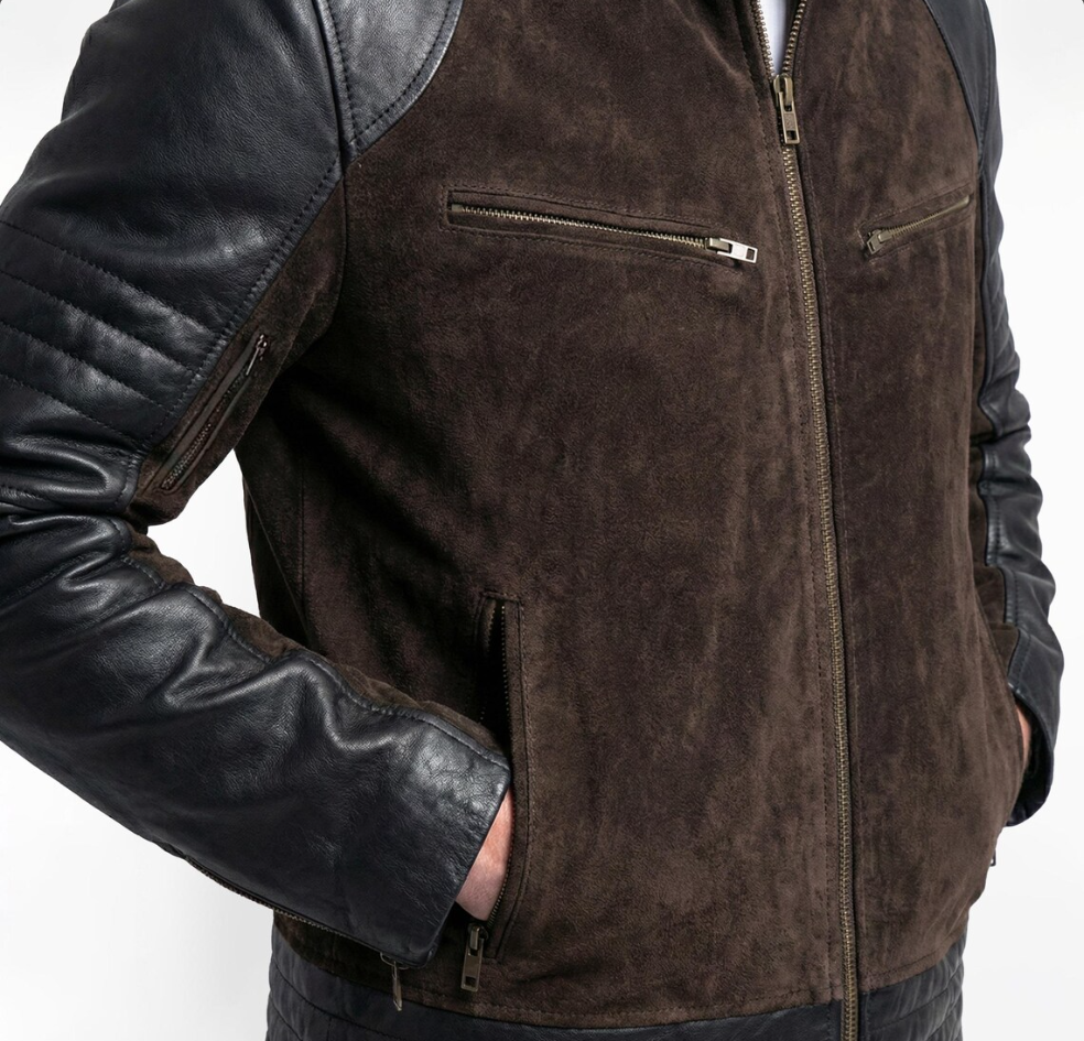 Close up of Johnny Cage Mortal Kombat 2 Karl Urban jacket showing brown suede body, black leather sleeves, zipper pockets and premium stitching