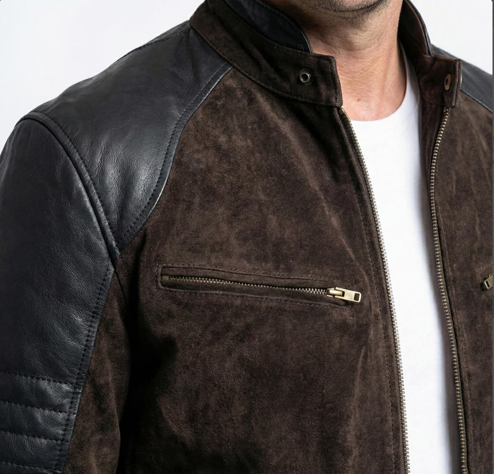 Johnny Cage Karl Urban Mortal Kombat 2 brown suede jacket close up with snap-tab collar, chest zipper pocket and black leather shoulder panel