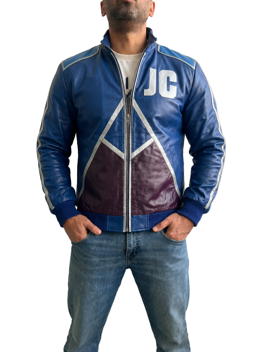 Johnny Cage Mortal Kombat Karl Urban blue real leather bomber jacket front view with JC logo