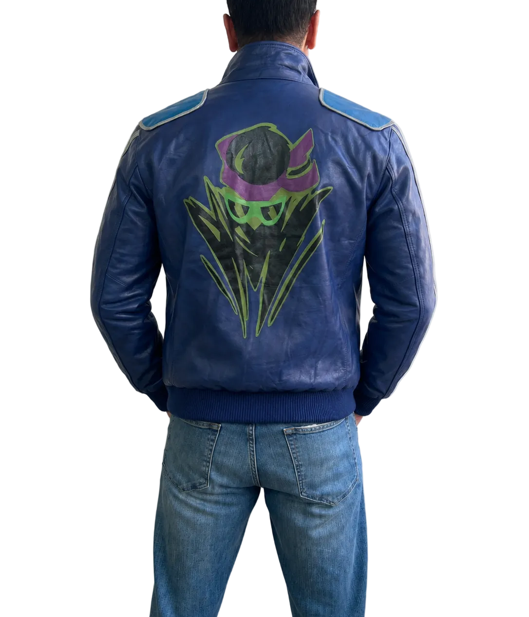 Back view of Johnny Cage Mortal Kombat Karl Urban blue real leather bomber jacket with signature graphic