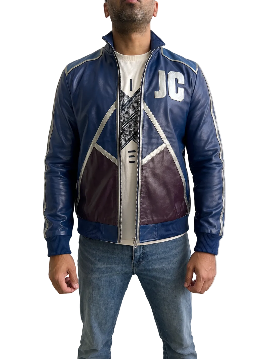 Karl Urban Johnny Cage Mortal Kombat bomber real leather jacket blue and maroon front design