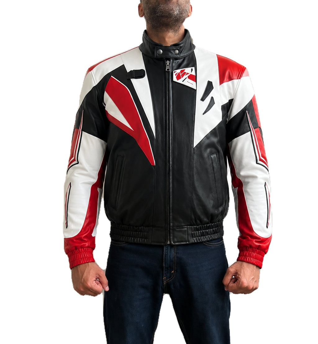 Jung Kook BTS FIFA World Cup 2026 halftime show moto biker leather jacket in red, black and white, shown from the front.