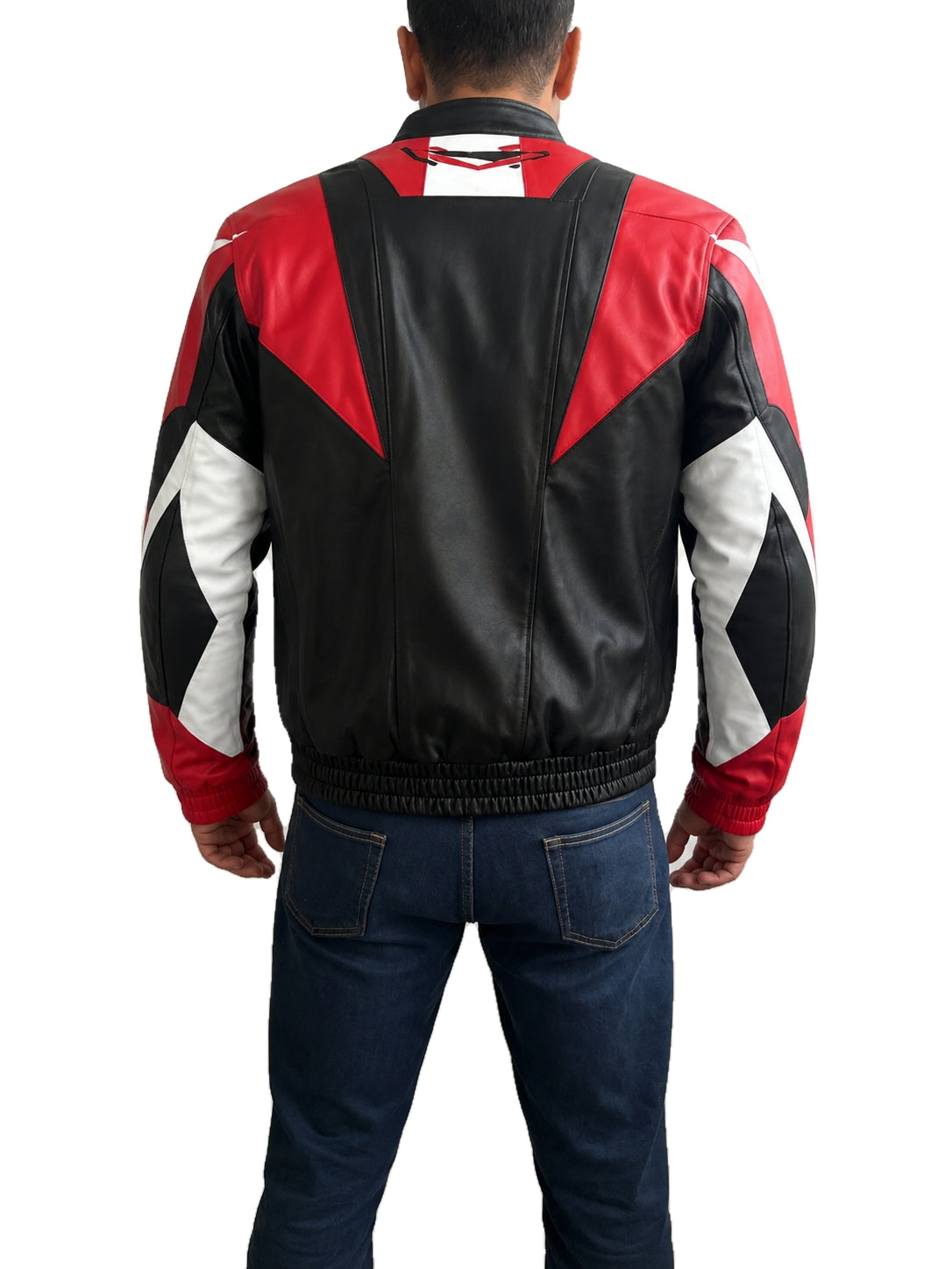Back view of the Jung Kook BTS FIFA World Cup 2026 moto biker leather jacket featuring bold red, black and white panel detailing.