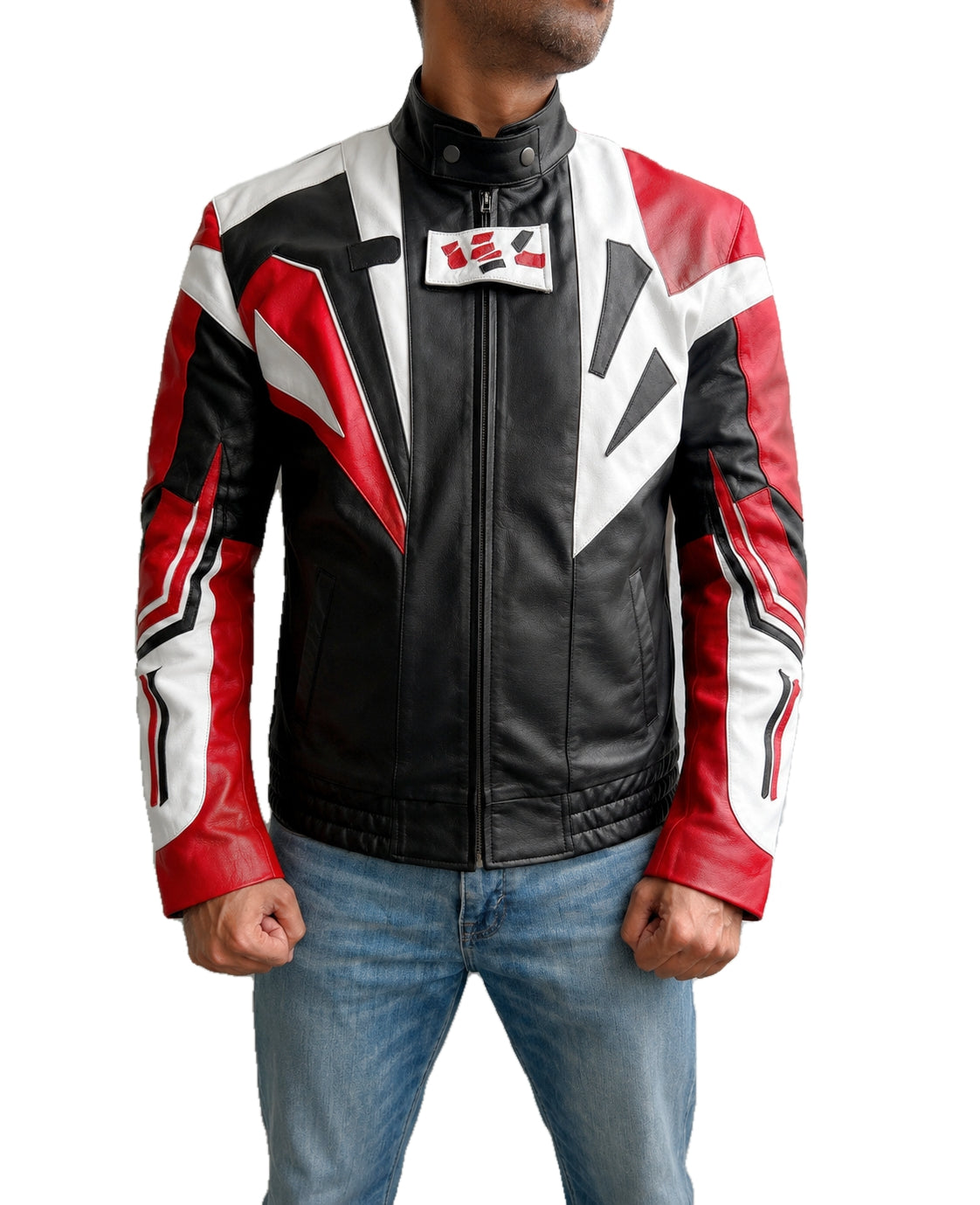 Jung Kook BTS FIFA World Cup 2026 halftime show moto biker leather jacket in red, black and white, shown from the front.