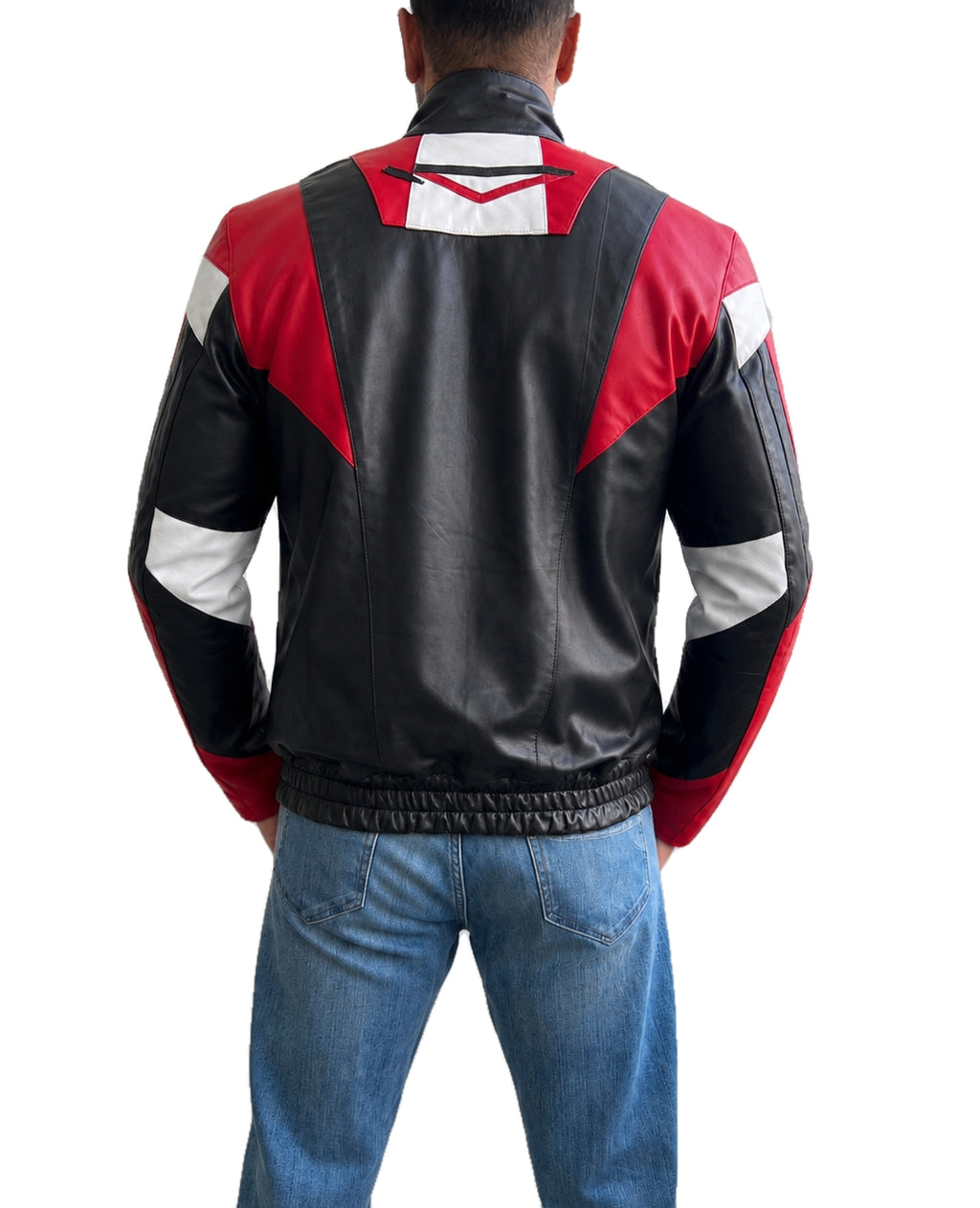 Back view of the Jung Kook BTS FIFA World Cup 2026 moto biker leather jacket featuring bold red, black and white panel detailing.
