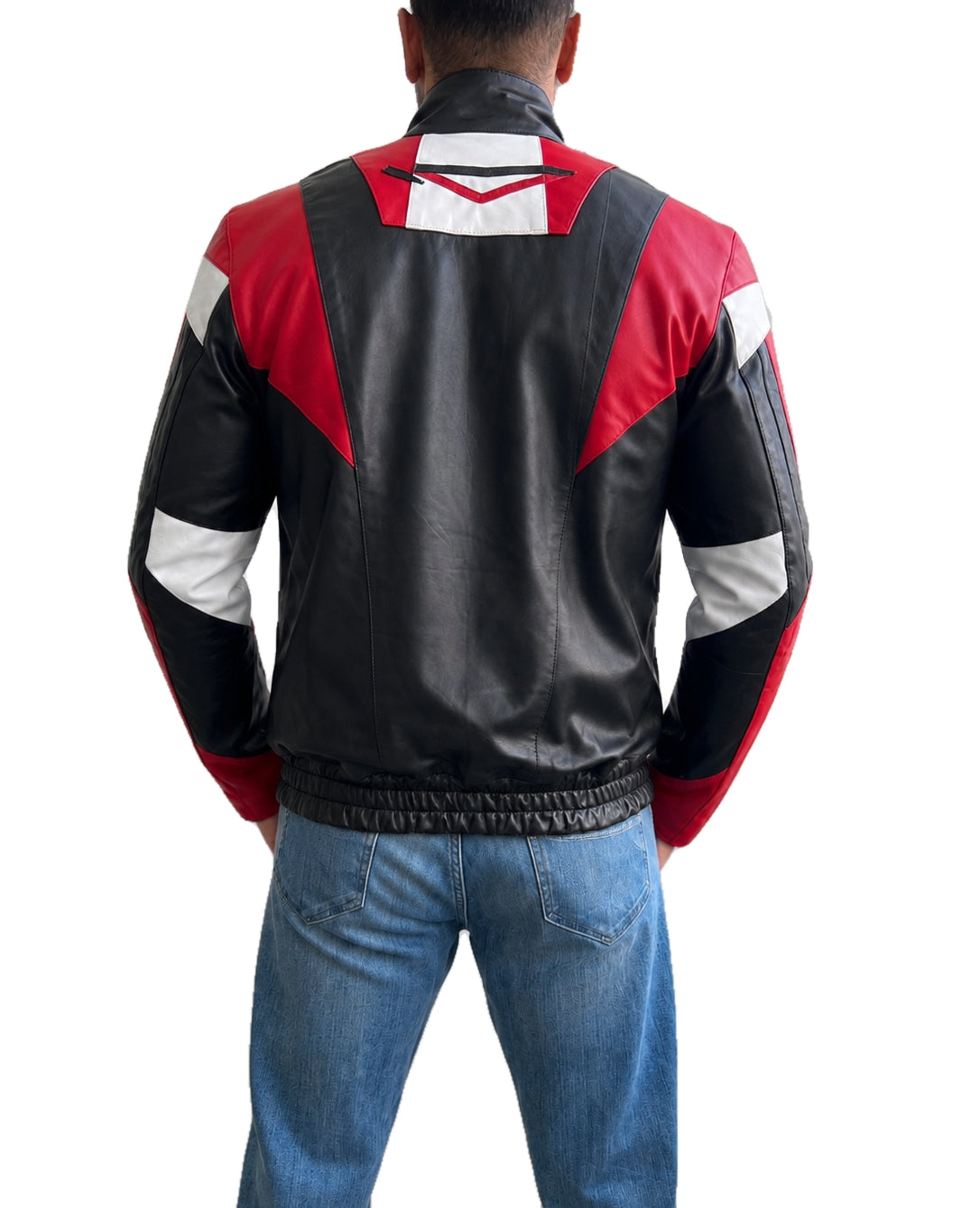 Back view of the Jung Kook BTS FIFA World Cup 2026 moto biker leather jacket featuring bold red, black and white panel detailing.