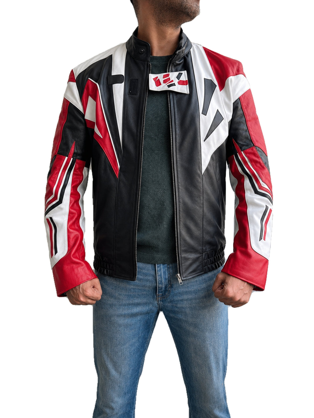 Jung Kook BTS FIFA World Cup 2026 halftime show moto biker leather jacket in red, black and white, shown from the front open view