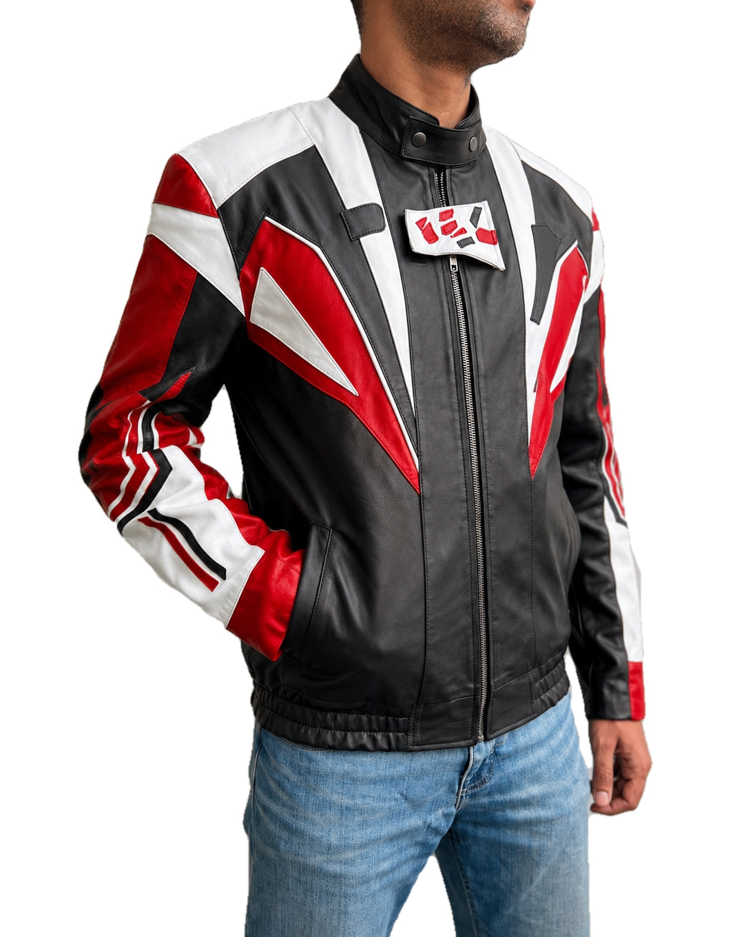 Side view of the Jung Kook BTS FIFA World Cup 2026 halftime show leather jacket with contrast moto style sleeve panels.