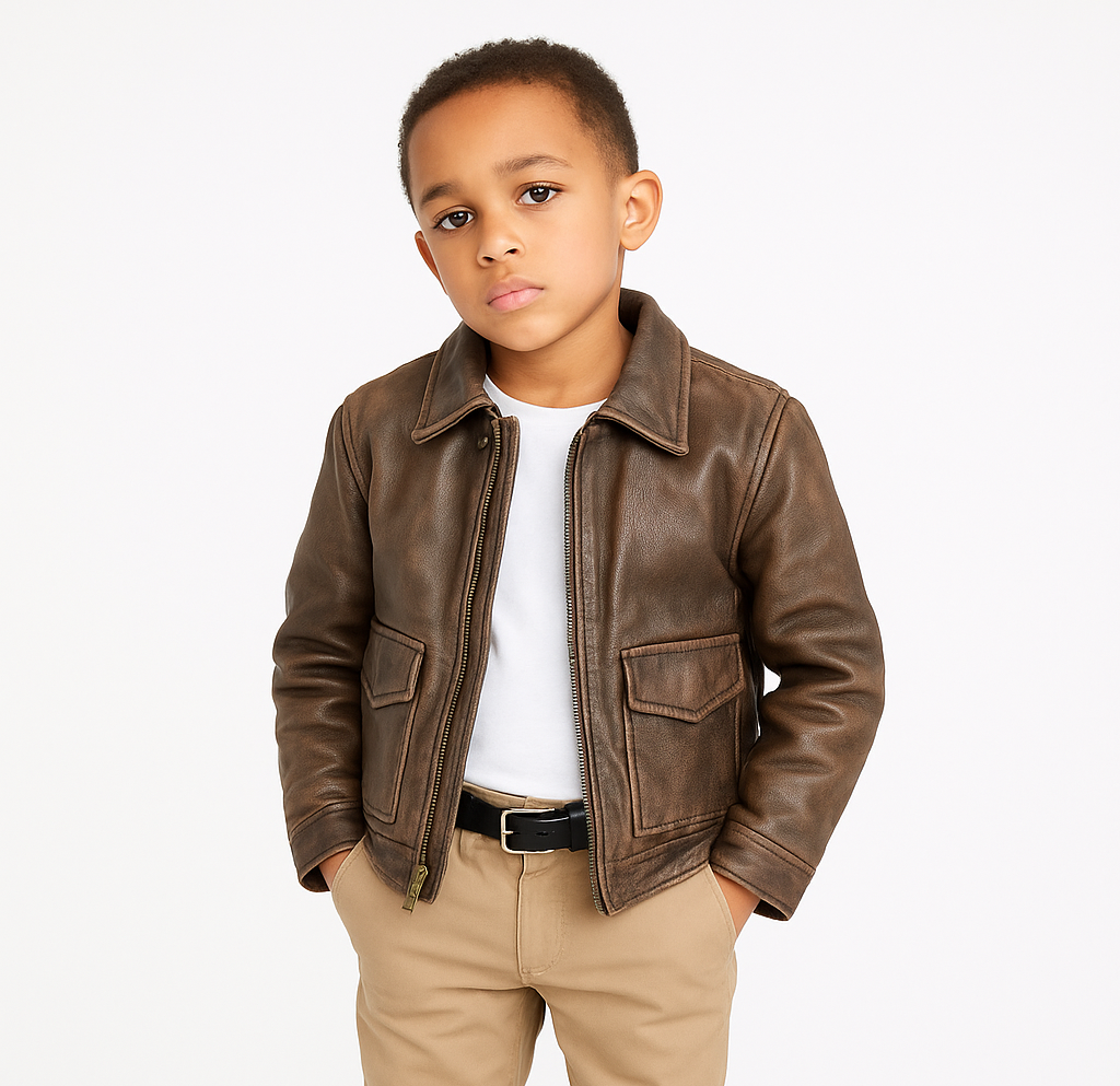 Kids Indiana Jones Harrison Ford toddler distressed brown real leather jacket with flap pockets – adventure costume outerwear
