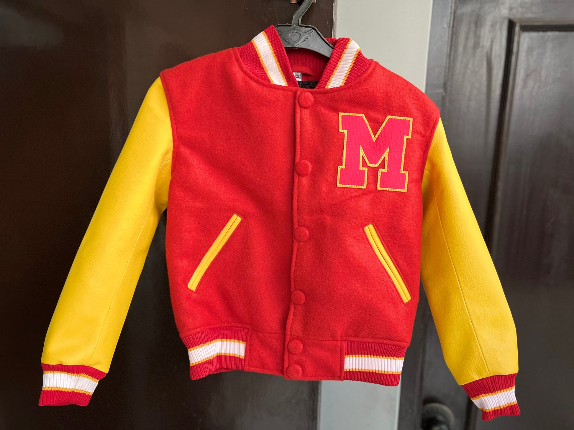 Kids MJ Thriller Michael Jackson Bomber Toddler Varsity Wool Jacket in red and yellow with M patch — front view
