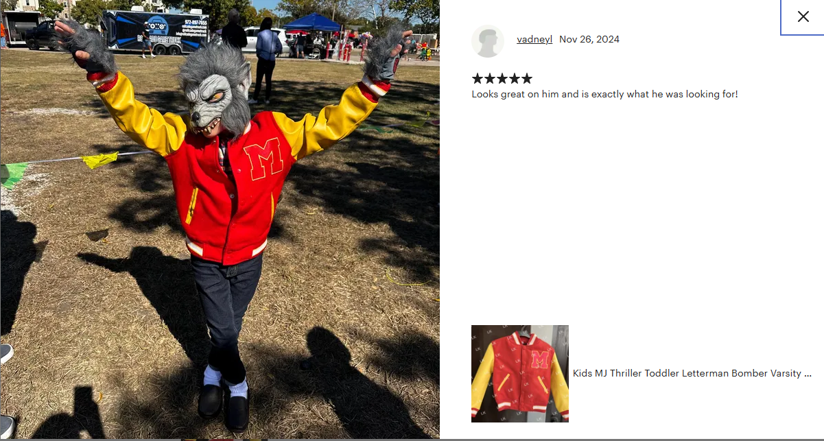 Front close-up of Kids MJ Thriller varsity bomber jacket with bold red wool body and yellow sleeves