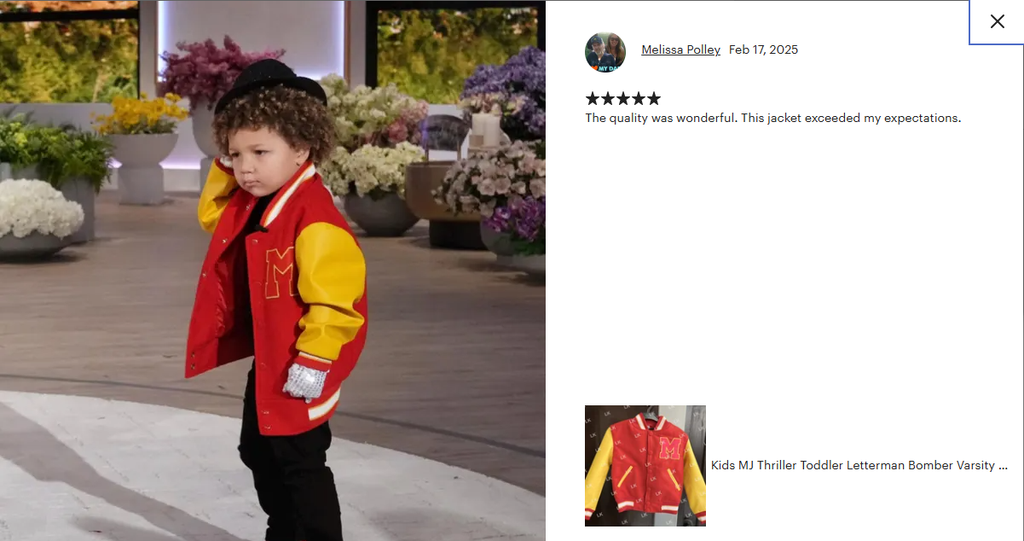 Rear view of Kids MJ Thriller toddler bomber varsity jacket with striped ribbed cuffs and collar