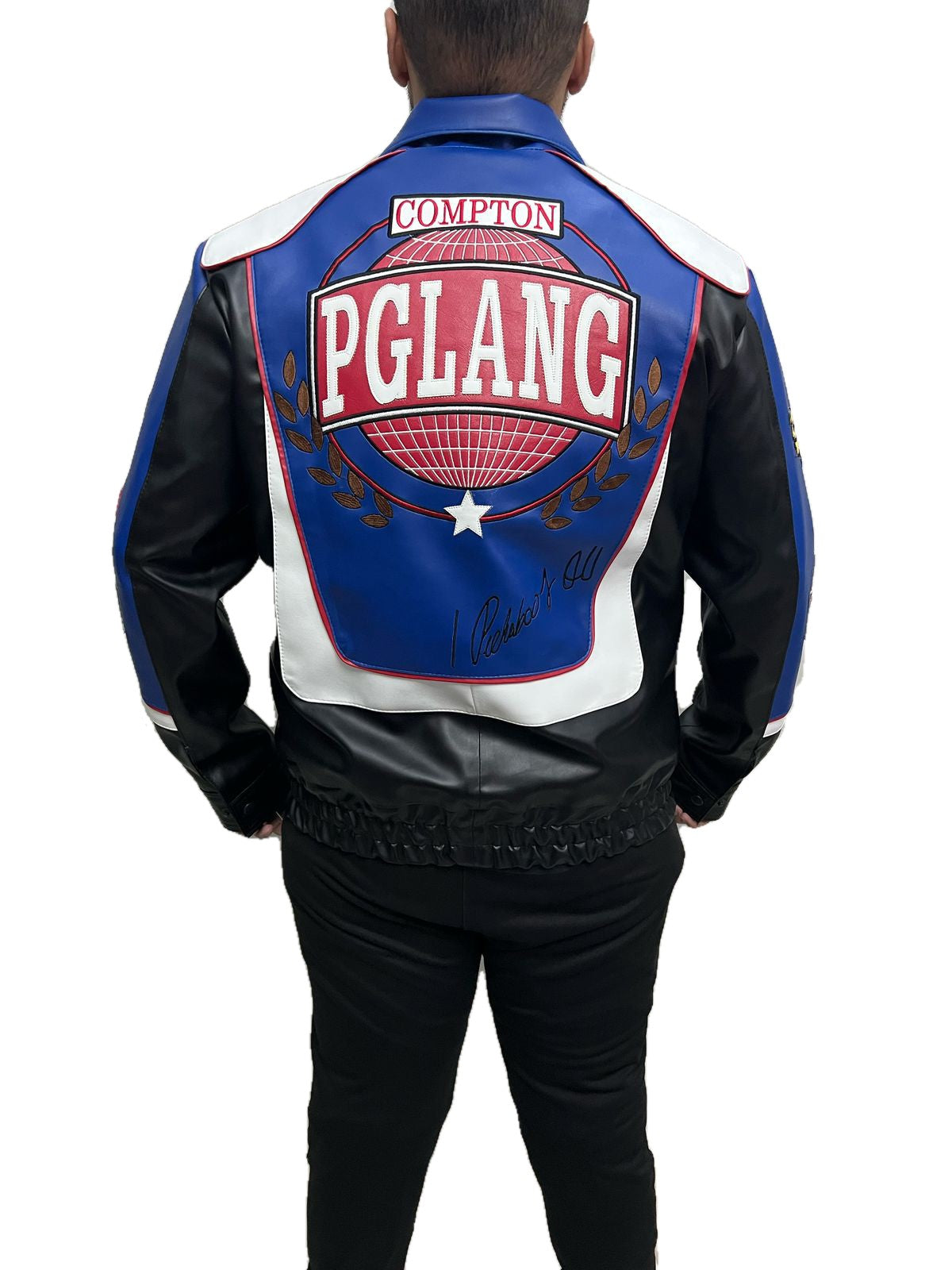 Back view of Kendrick Lamar PG Lang Gloria Super Bowl leather jacket