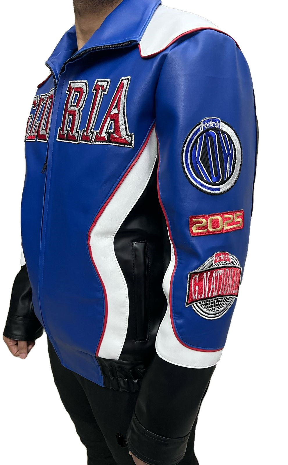 Side view Gloria PG Lang blue leather jacket with embroidered patches